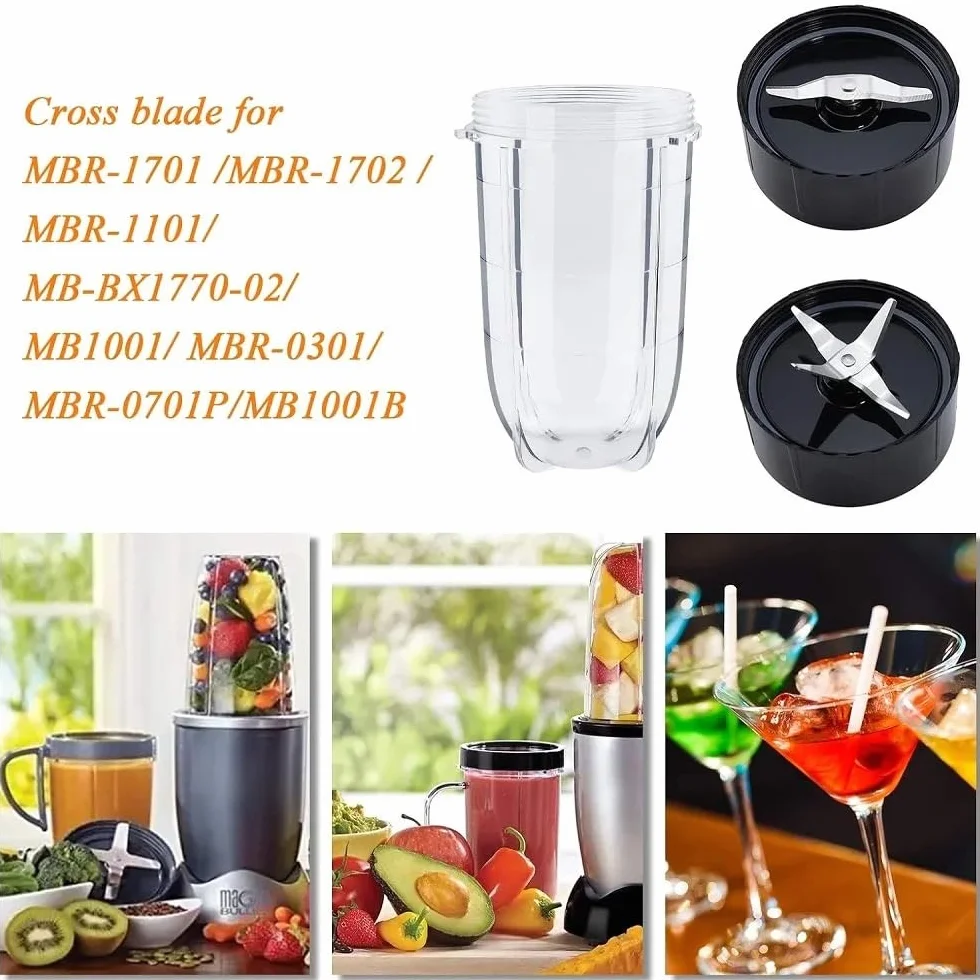 Zestaw 2 wysokich kubków o pojemności 16 uncji z kombinacją krzyżowych i płaskich noży do sokowirówki Magic Bullet Blender 250 W MB-1001 Wymienne ostrze blendera