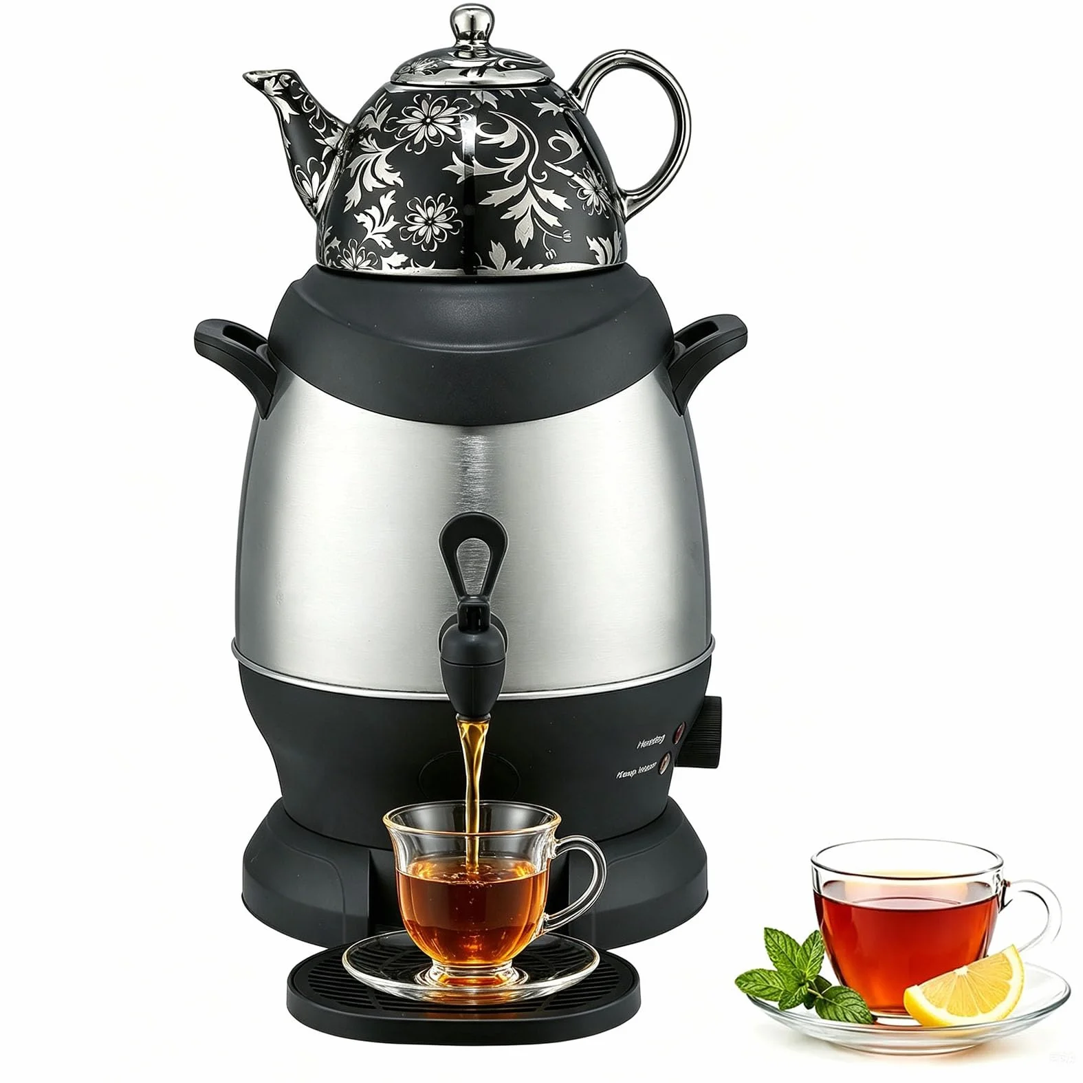 Elektryczny Turecki Zaparzacz 5L Z Dzbankiem Ceramicznym 1L | Szklany Dzbanek 2 Poziomy, Stal 5L, Auto Wyłączanie I Podtrzymanie Ciepła(black)
