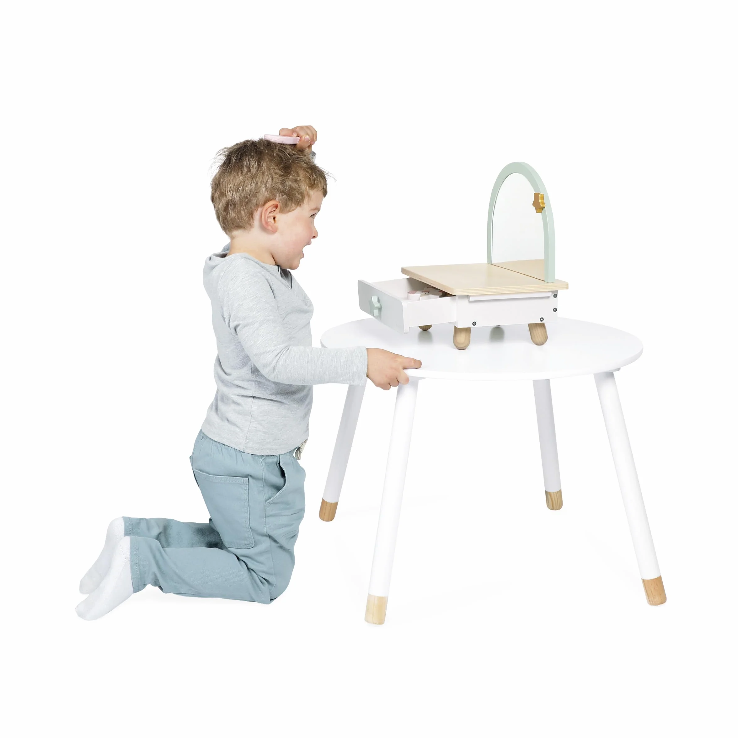 Janod - Drewniana toaletka kosmetyczna dla dzieci na stole - szuflada, lustro i 7 akcesoriów - motyw jednorożca - wysokość 33 cm - atrapa makijażu - od 3 lat - J06463
