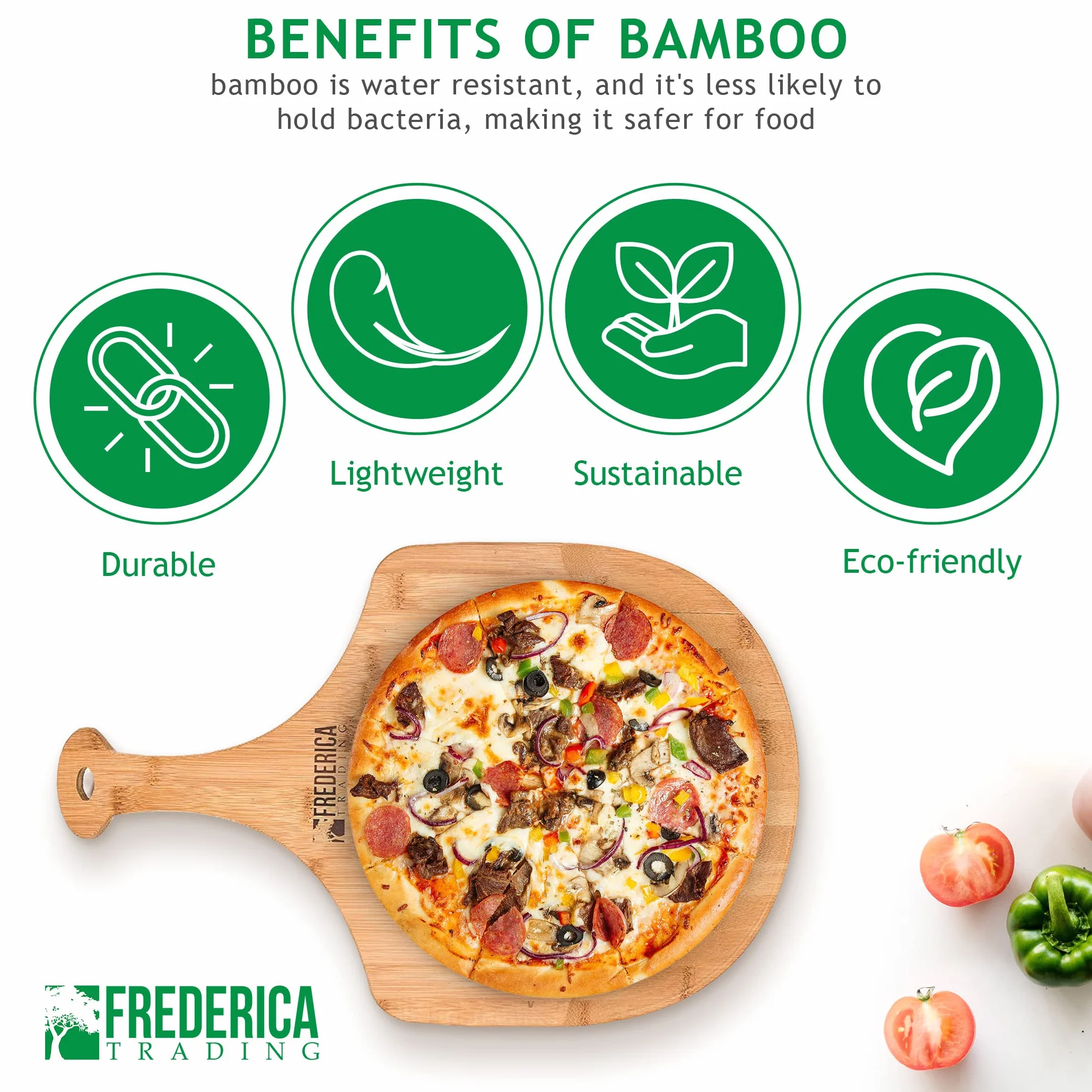 Bambusowa drewniana łopatka do pizzy – najwyższej jakości, organiczna bambusowa szpatułka do pizzy i deska do krojenia z uchwytem [do pizzy, pieczenia chleba, tacki do serwowania owoców i sera]