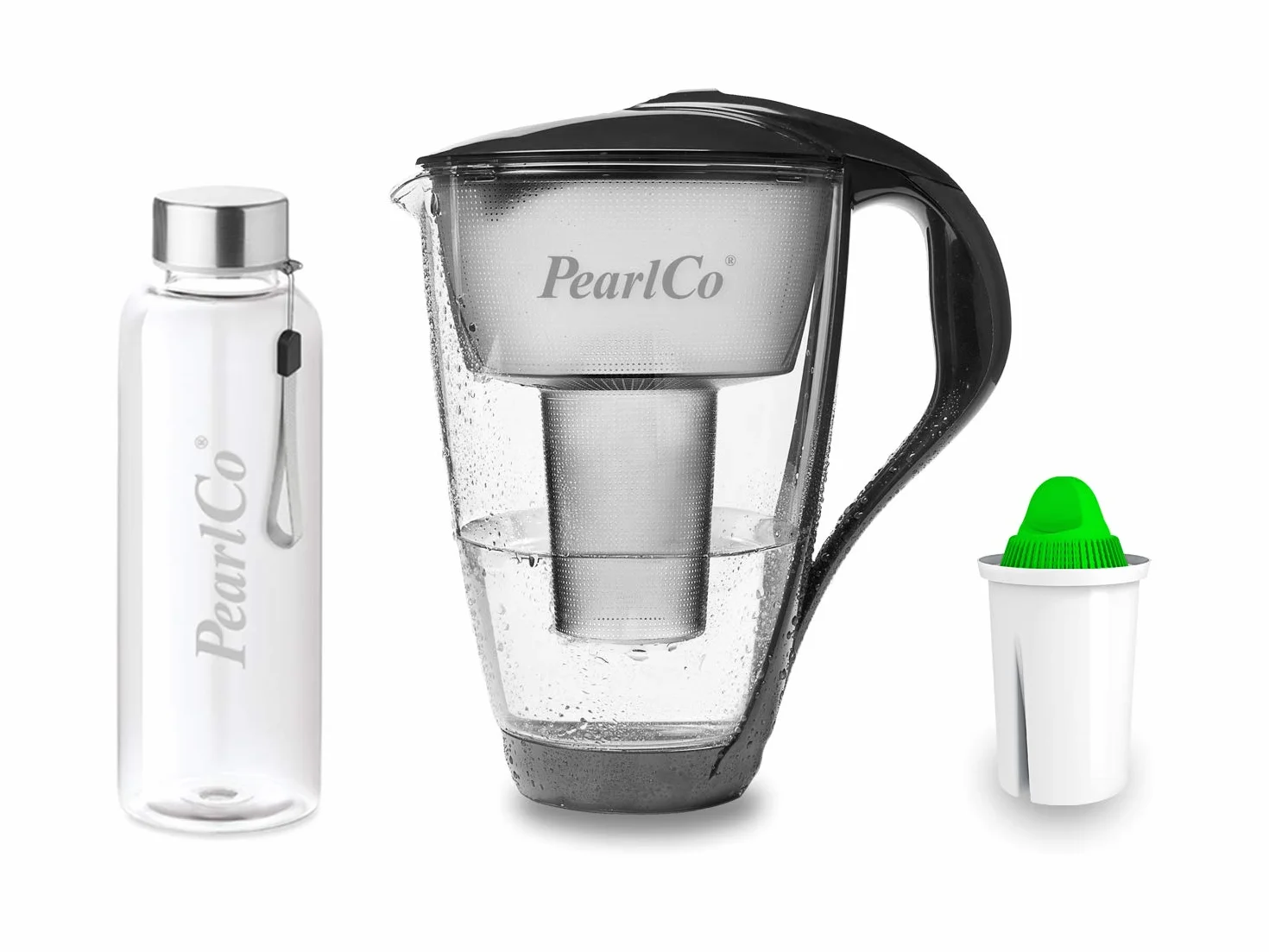 PearlCo - Szklany filtr do wody (antracyt) z 1 wkładem filtrującym alkalicznym Classic + 1 butelka do picia ze szkła