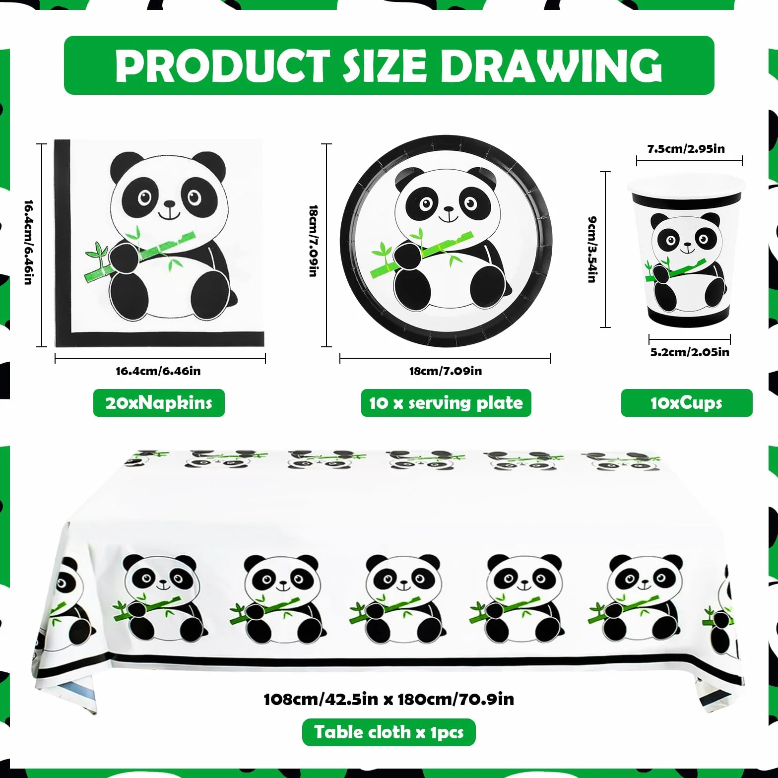 Panda zestaw naczyń imprezowych, dekoracja na imprezę urodzinową, pandę, motyw pandy, dekoracja urodzinowa, naczynia, talerze pandy, kubki, serwetki, obrusy, akcesoria imprezowe dla 10 gości