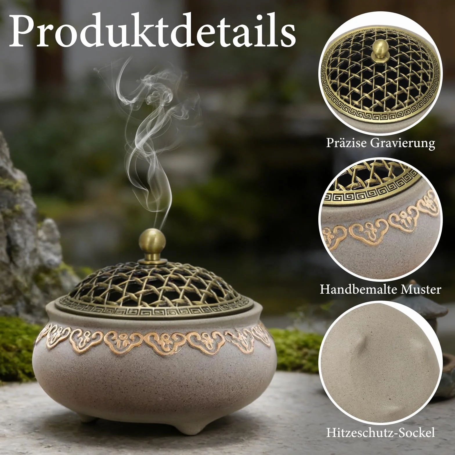 Ceramiczne naczynie do kadzidełka w stylu vintage, z metalową pokrywką, uchwyt na kadzidełka, okrągły i ogniotrwały, chińska porcelana, do domu, pokoju medytacyjnego, salonu, biura