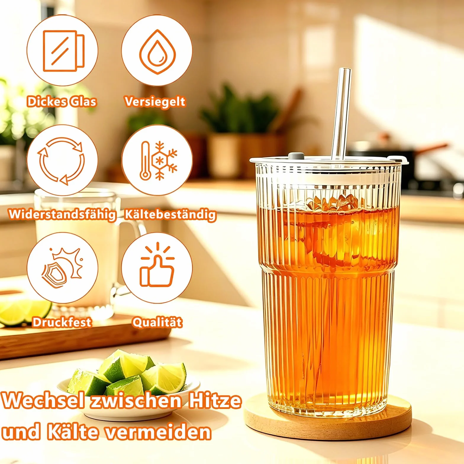 Szklane kubki z ryflowanym kubkiem, 2 sztuki, szklanki do drinków, szklanki do longdrinków, w paski, z pokrywką i słomką, 600 ml, kubek do smoothie, szklany kubek do herbaty, z pędzelkiem do