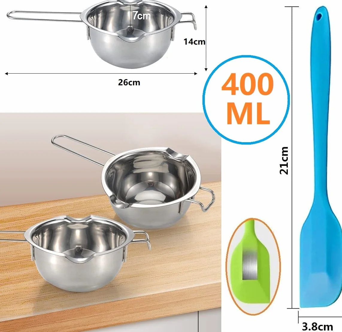 Miska do kąpieli wodnej ze stali nierdzewnej 304 z niebieską szpachelką do topienia czekolady świec, wosku, cukru, masła, sera, karmelu (400 ml)