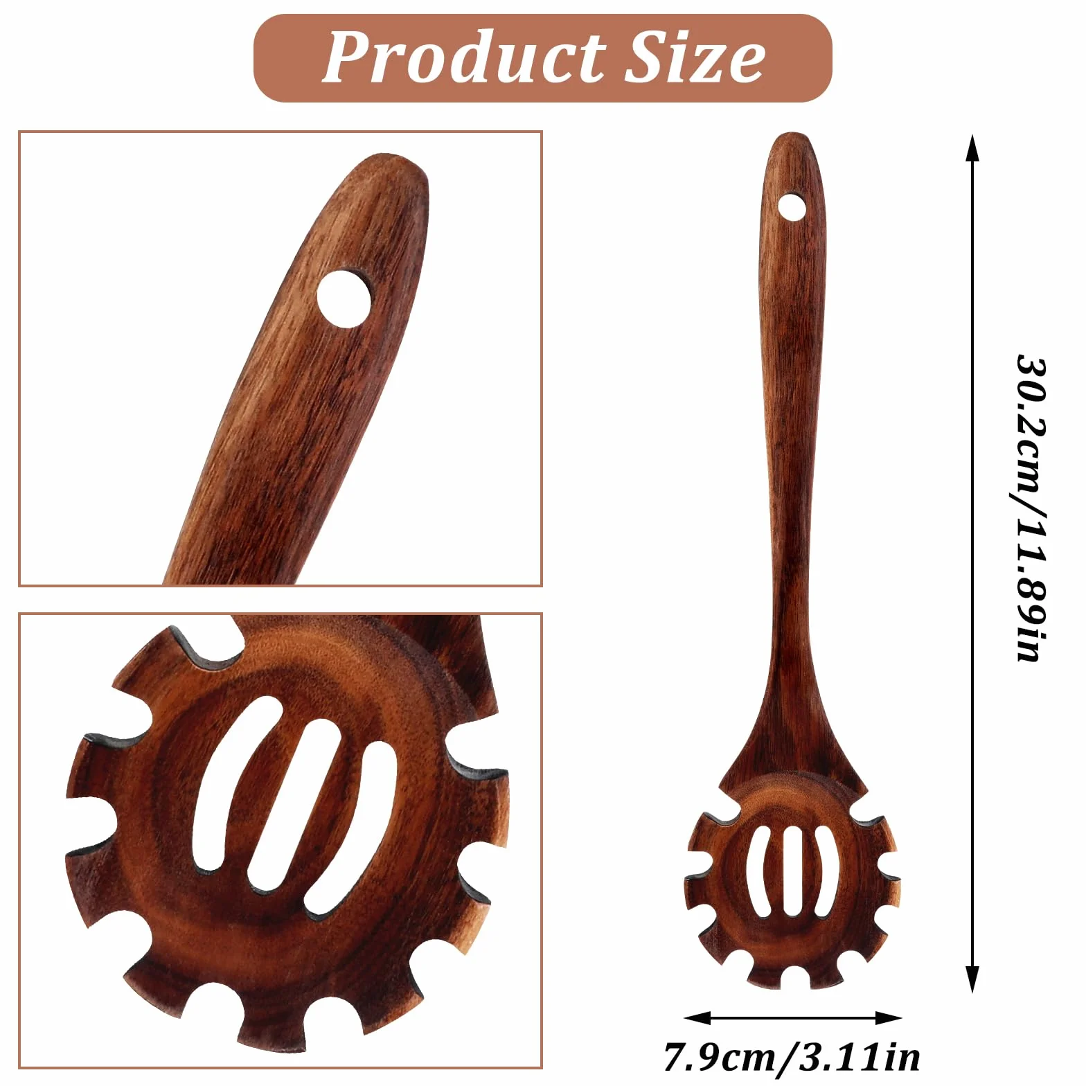 Nogeqi Drewniana łyżka do spaghetti, 30 cm, wysokiej jakości szczypce do spaghetti, szpatułka do makaronu z zębami, drewniany przyrząd do makaronu z otworem do zawieszania, możliwość zawieszenia