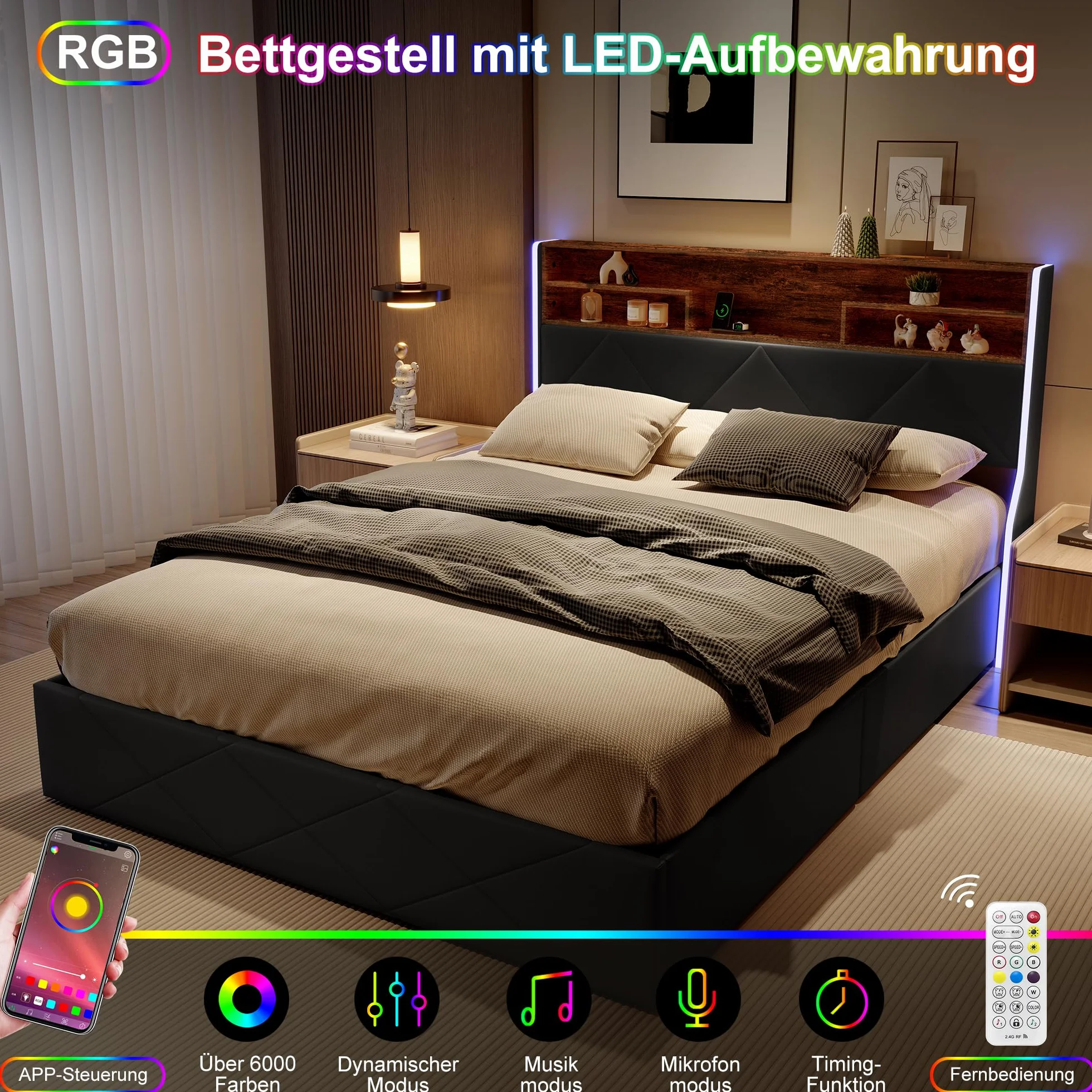 CDQL Łóżko tapicerowane 160 x 200 cm z miejscem do przechowywania, podwójne łóżko z zagłówkiem LED i przyłączem USB, zagłówek z miejscem do przechowywania, łóżko funkcyjne, nadaje się do sypialni i