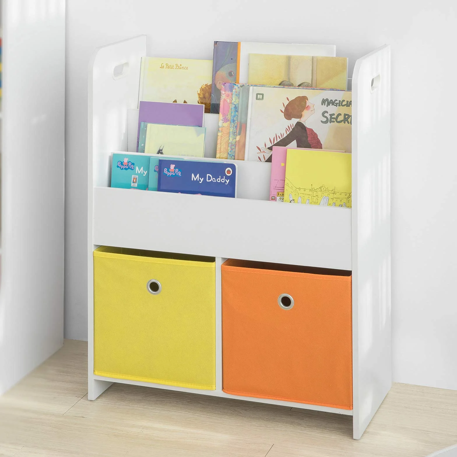 SoBuy KMB27-W dziecięcy regał na książki z 3 półkami i 2 pudełkami z materiału, regał do przechowywania zabawek, organizer na zabawki, biały, szer. x wys. x gł.: 58 x 76 x 27 cm