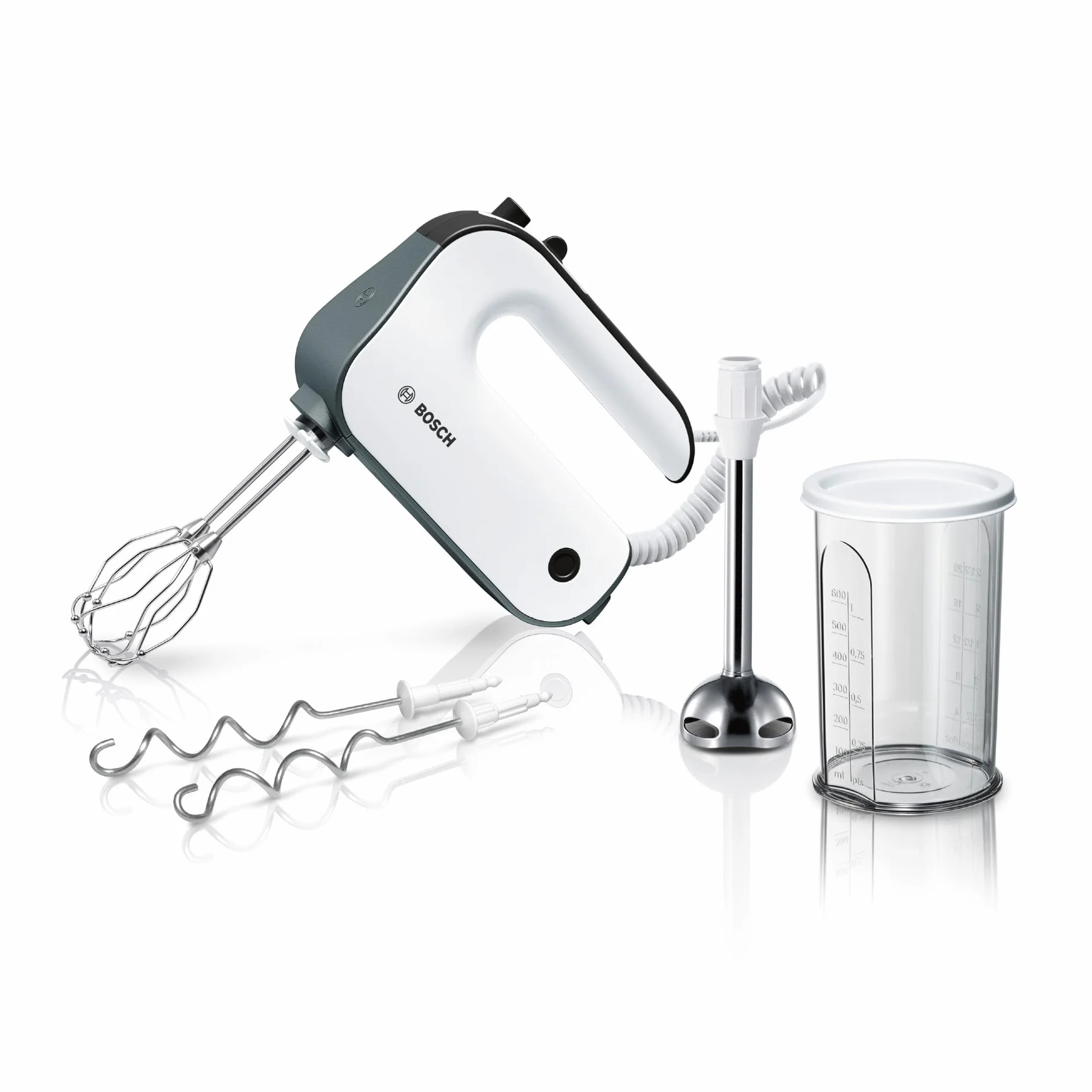 Bosch Styline, mikser ręczny, 850 W, mieszadła FineCreamer, haki do zagniatania ciasta, metalowa stopa do blendowania, pojemnik do miksowania z miarką, MFQ49700, biały