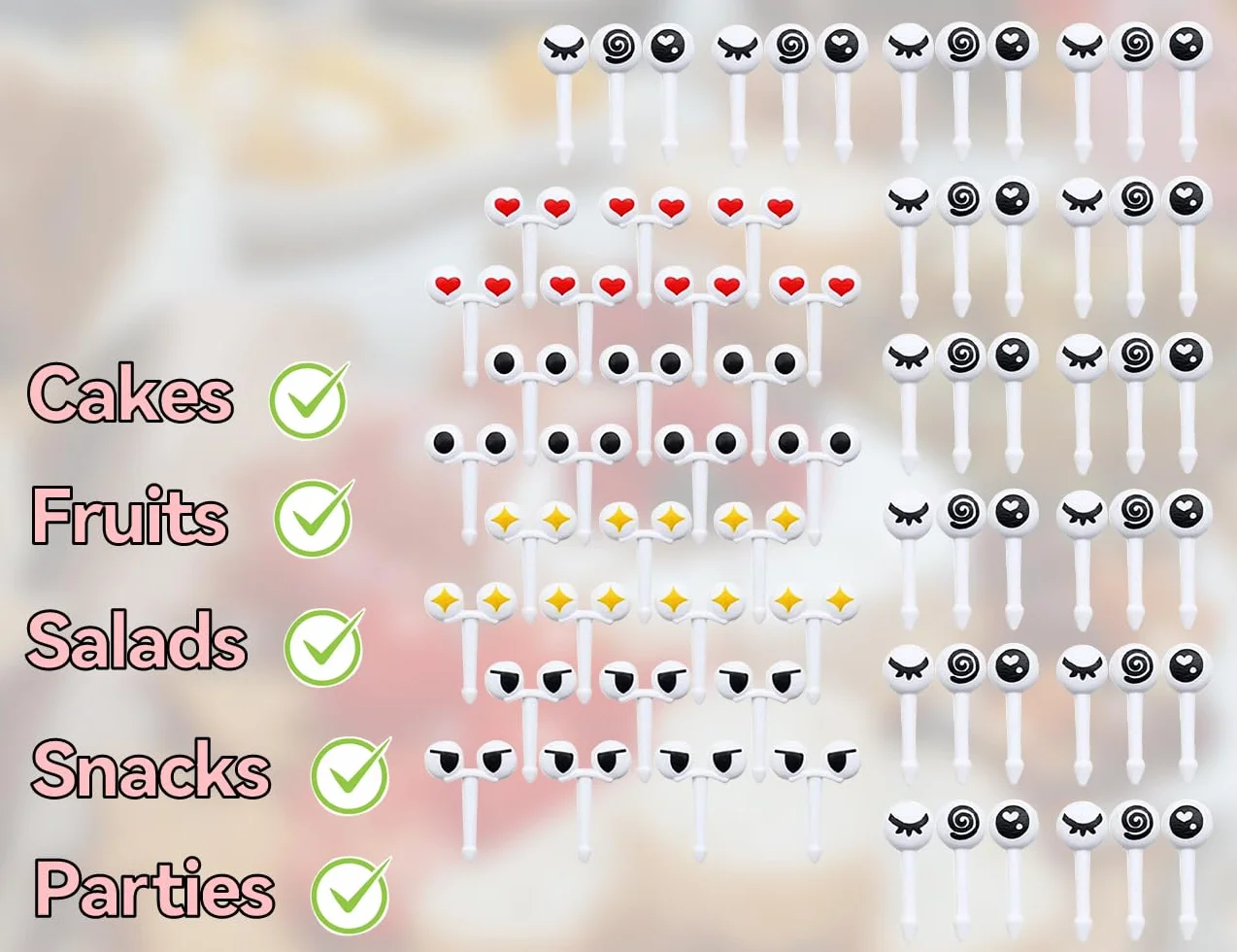 KAPSING Food Picks, przepiękne widelce do owoców dla dzieci, mini widelec do przekąsek, przepiękne duże oczy (70 sztuk)