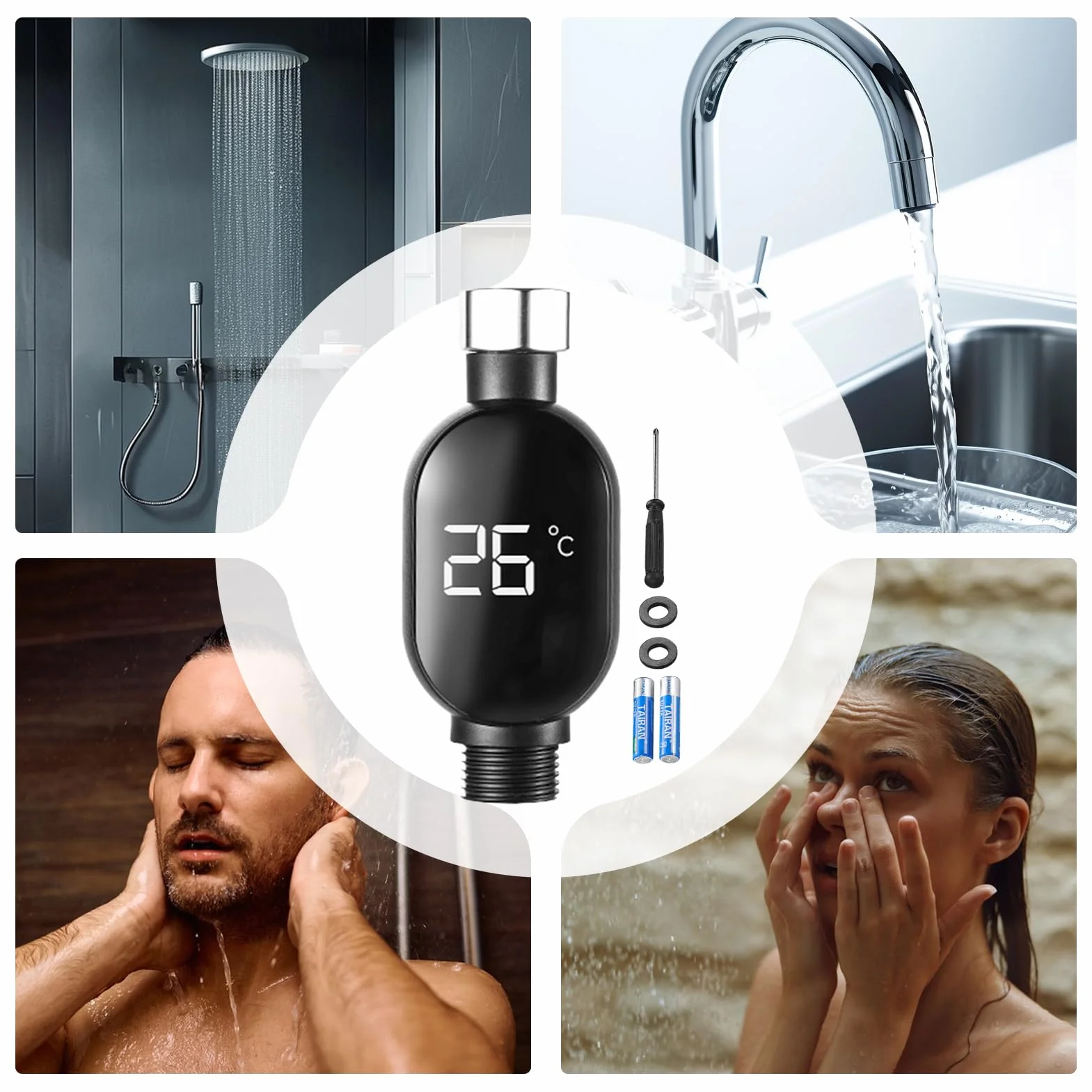 Shower Temperature Gauge, Led Water Thermometer, Instant-Read Digital Display, Waterproof Modern Design, Hotel Bathroom Kitchen Use, 0–99? 1/2 Inch Connector, Silver, 1 Piece