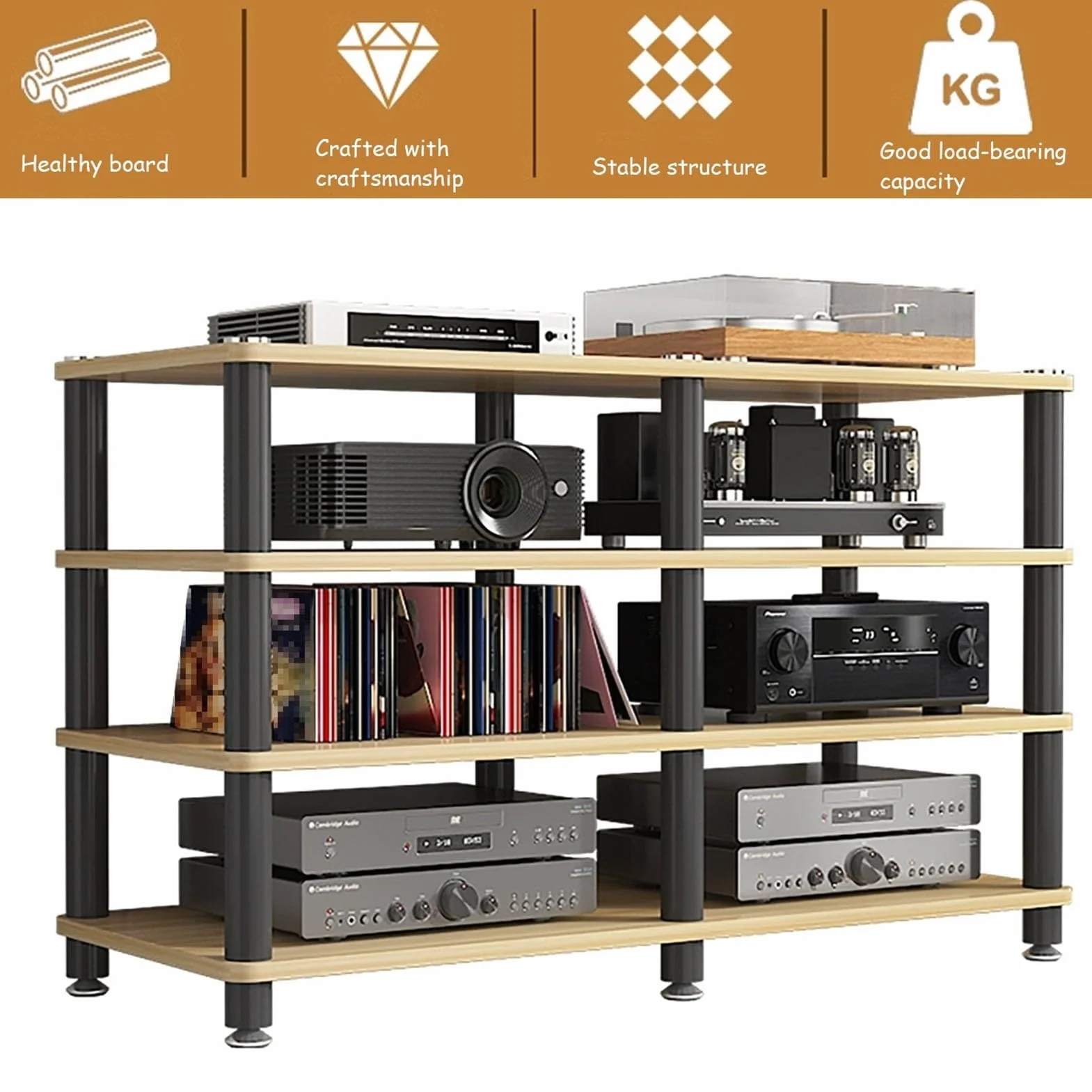Szafka HiFi o, narożny stojak na koncerty, otwarta półka, stojak na wzmacniacz (naturalny, 1 poziom, 5 cm/4,8 cm) - idealny do kina domowego i systemów dźwiękowych