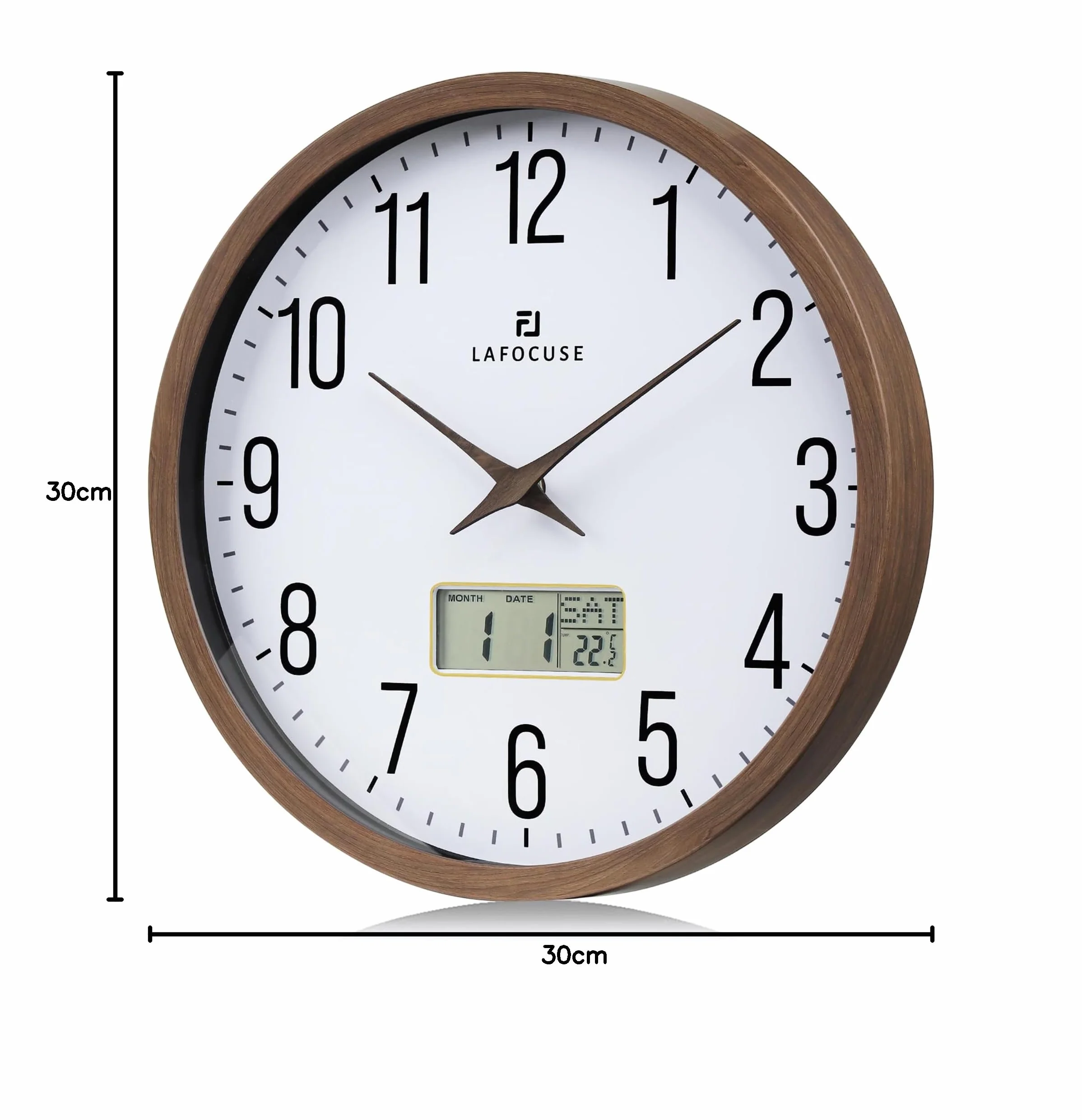 Lafocuse Zegar ścienny kalendarz z datą i termometrem LCD, cichy brązowy zegar vintage, łatwy do odczytania bez tykania do kuchni biura sypialni salonu 30 cm