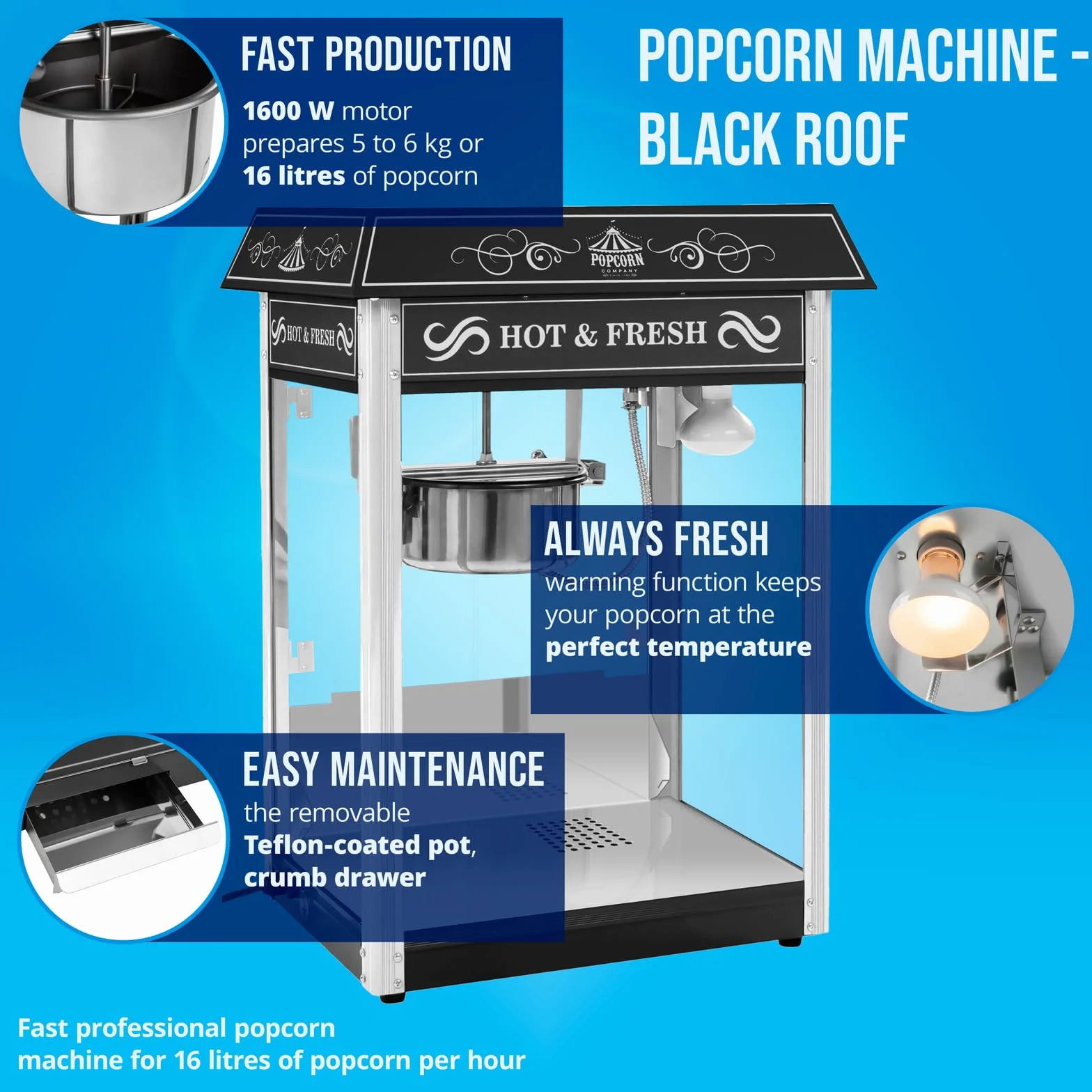 Royal Catering Maszyna do popcornu 1600 W 5 kg/h retro czarna