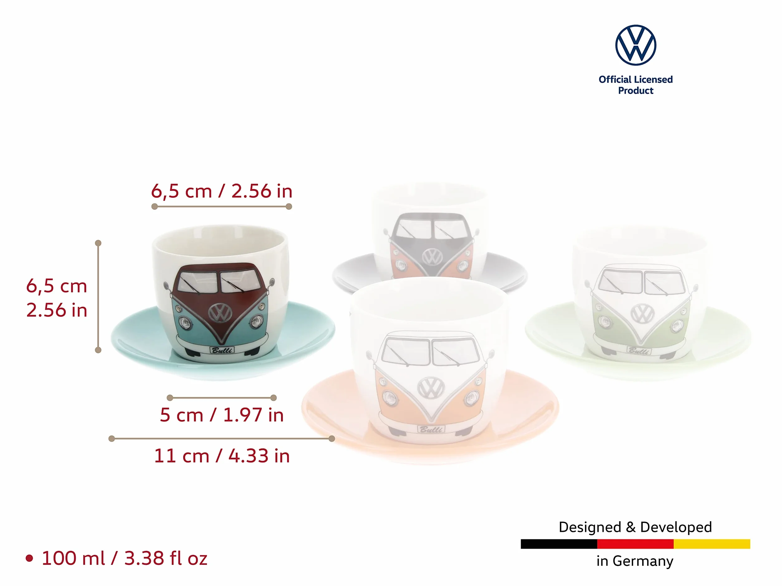 BRISA VW Collection - Volkswagen T1 Bulli Bus filiżanki do espresso w pudełku prezentowym (motyw: spodki - świetny pomysł na prezent/pamiątka (przód/4 kolory/zestaw 4 szt.) / 100 ml