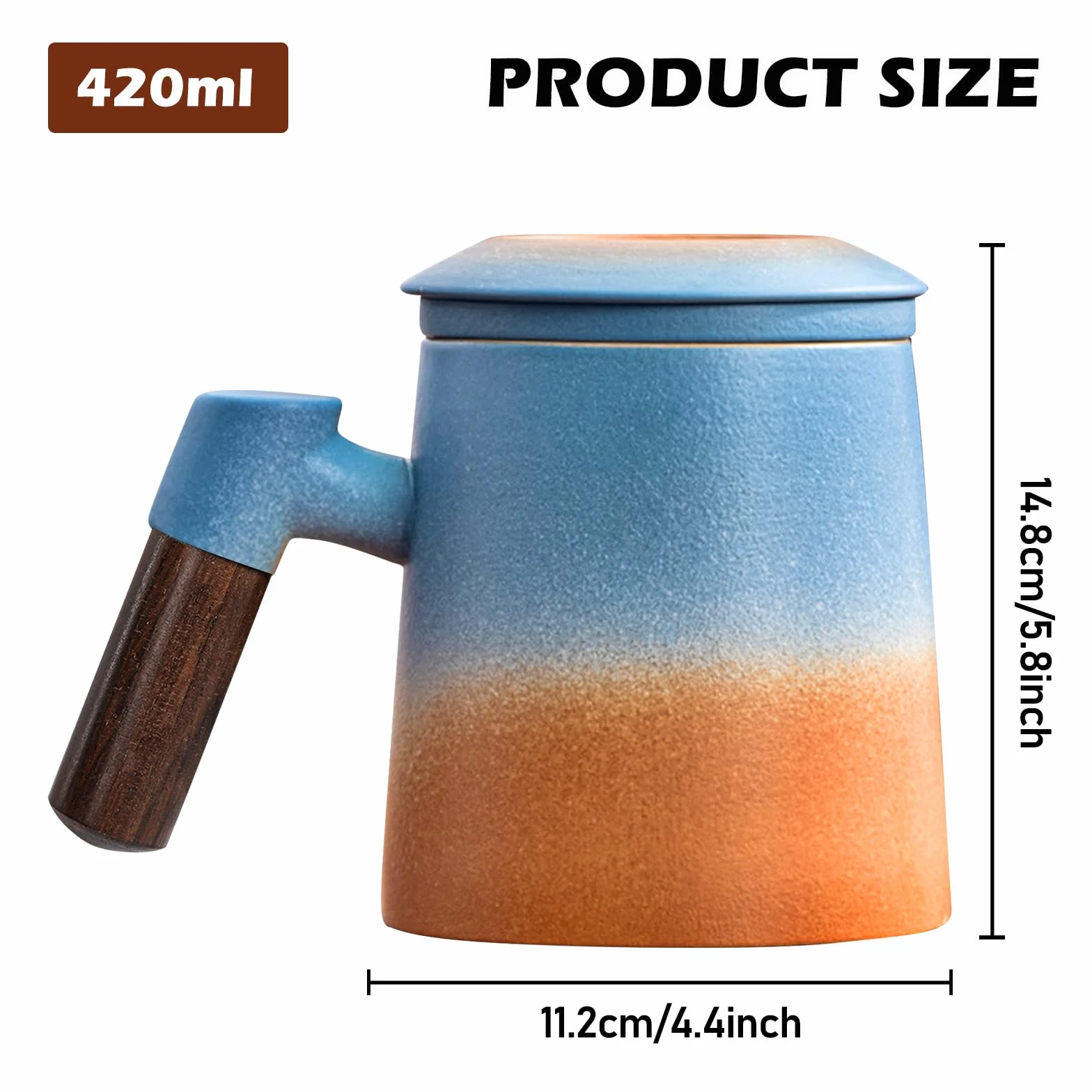 SUNOYA Filiżanka do herbaty z pokrywką i sitkiem, 400 ml, drewniany uchwyt, kubek do herbaty, matowa ceramiczna filiżanka