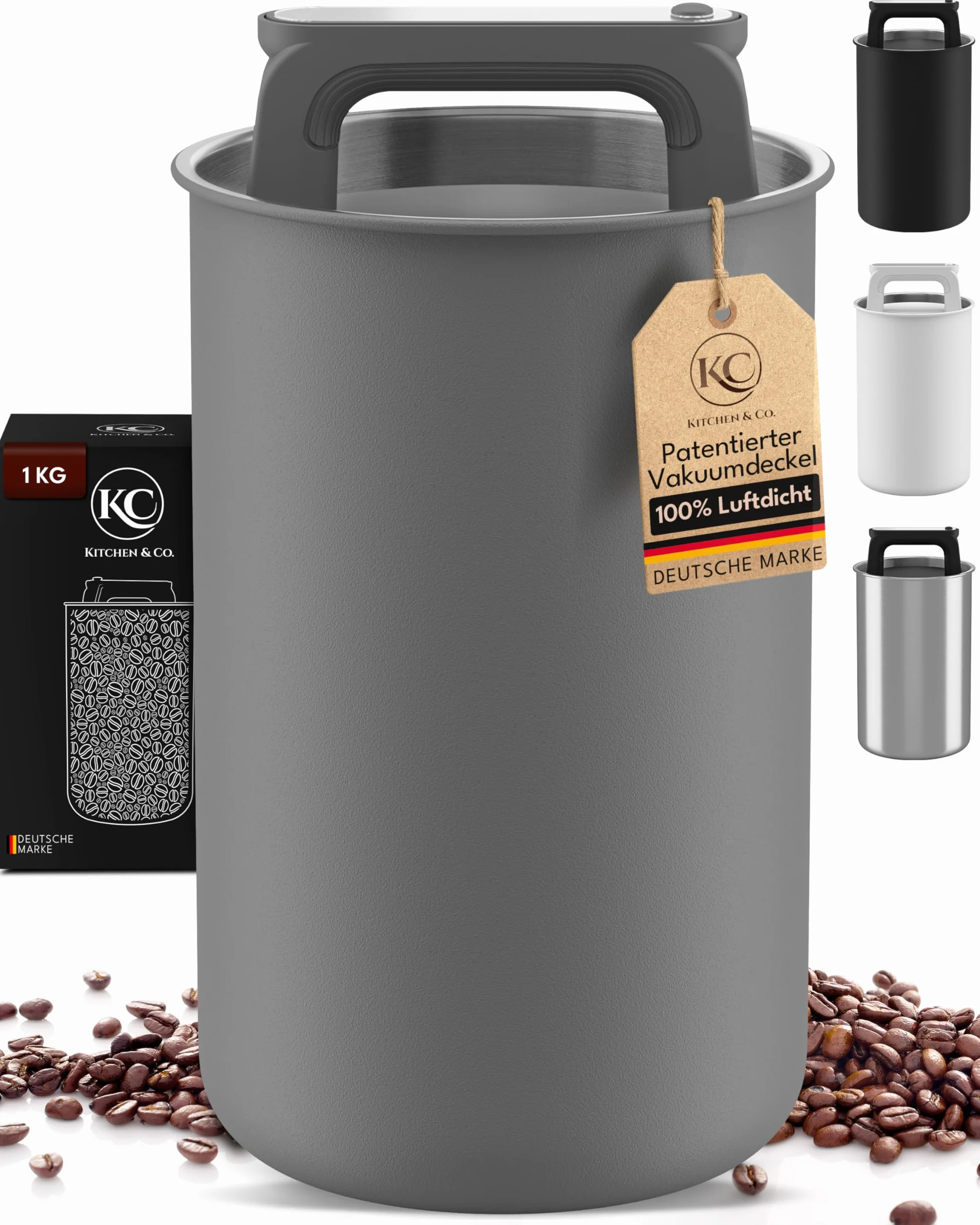 KC Kitchen & Co. Hermetyczna puszka na kawę na 1 kg ziaren kawy – puszka ze stali nierdzewnej z pokrywką próżniową i zamknięciem aromatycznym – puszka do przechowywania kawy, herbaty, cukru, musli