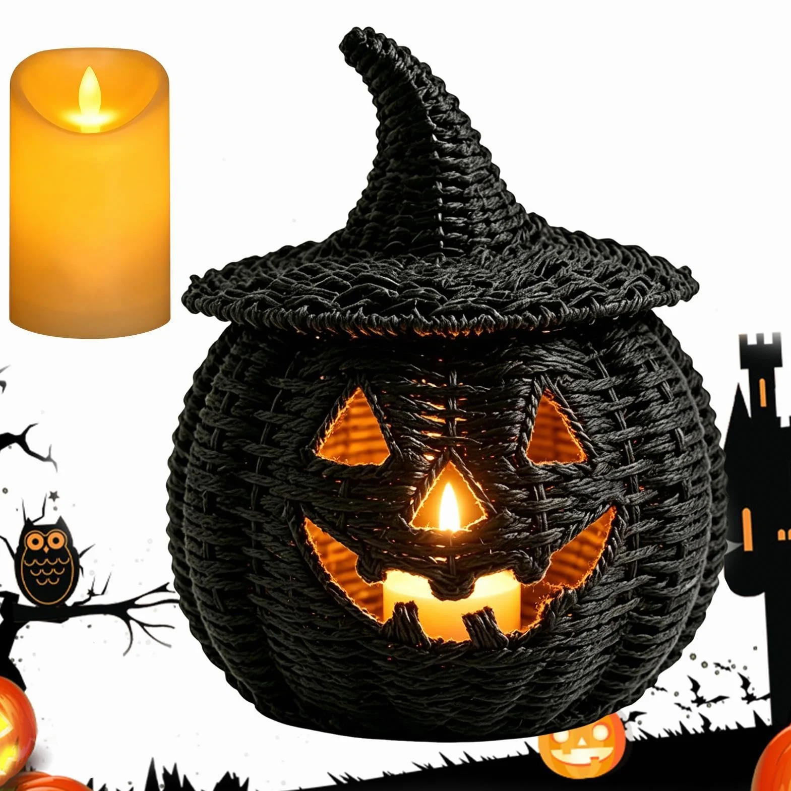 Dekoracyjny Pleciony Kosz Dyniowy Halloweenowy pojemnik ze świeczką LED | Straszny Kosz Do Przechowywania Słodyczy do domu mieszkania apartamentu salonu biurka kominka stołu jadalnego przedpokoju