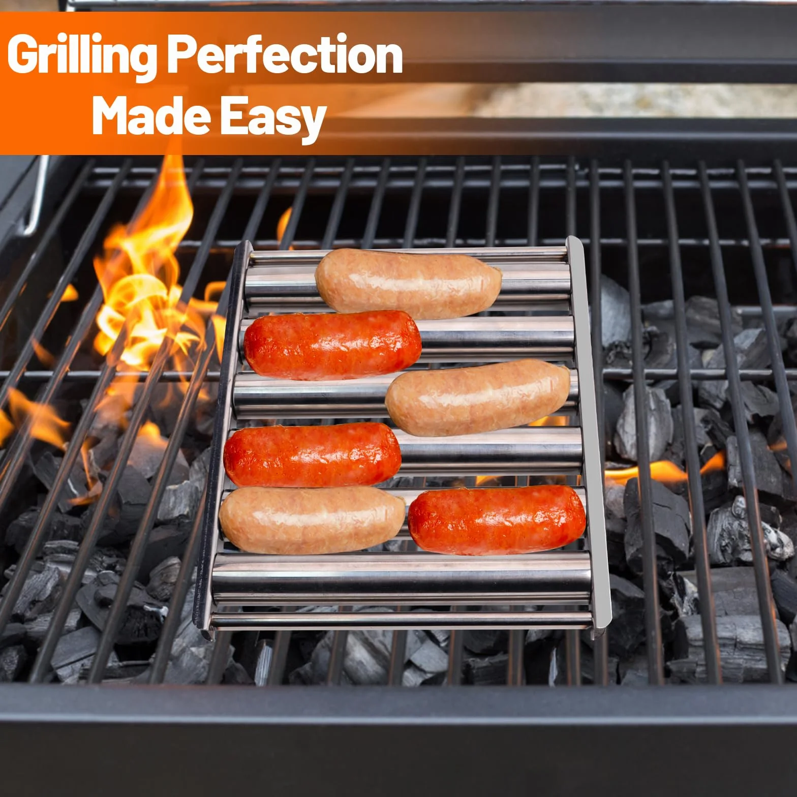 Grill rolkowy do hot dogów, grill do kiełbasy, 5 hot dogów, 6-rolkowy podgrzewacz z uchwytem, stojak rolkowy do kiełbasy ze stali nierdzewnej (1 zestaw)