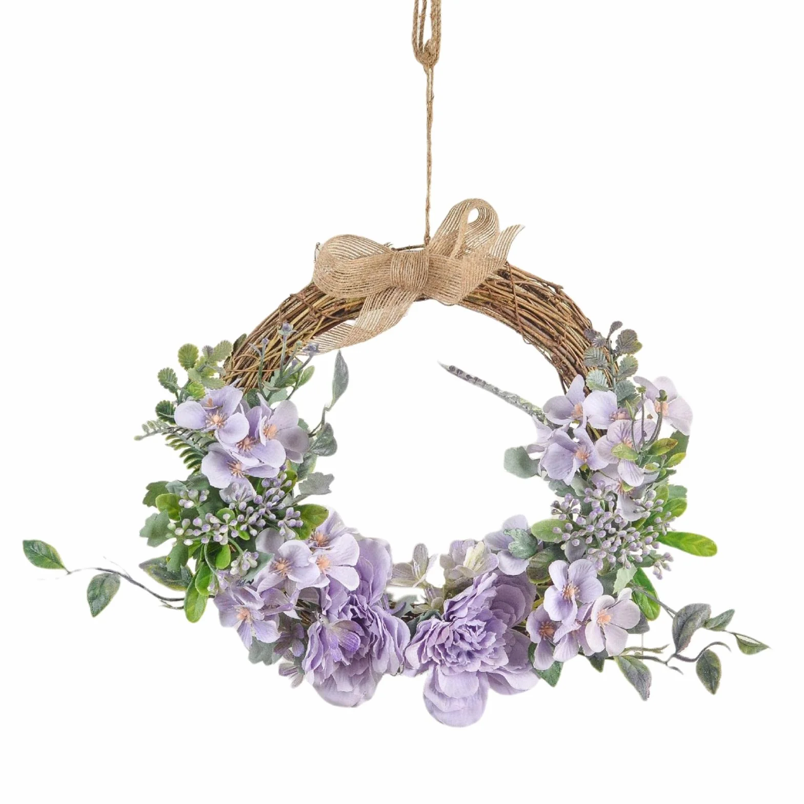 Wieniec kwiatowy rattanowa obręcz drzwi wiszący ogród impreza dekoracja ozdoba fioletowy, 33 x 27 cm