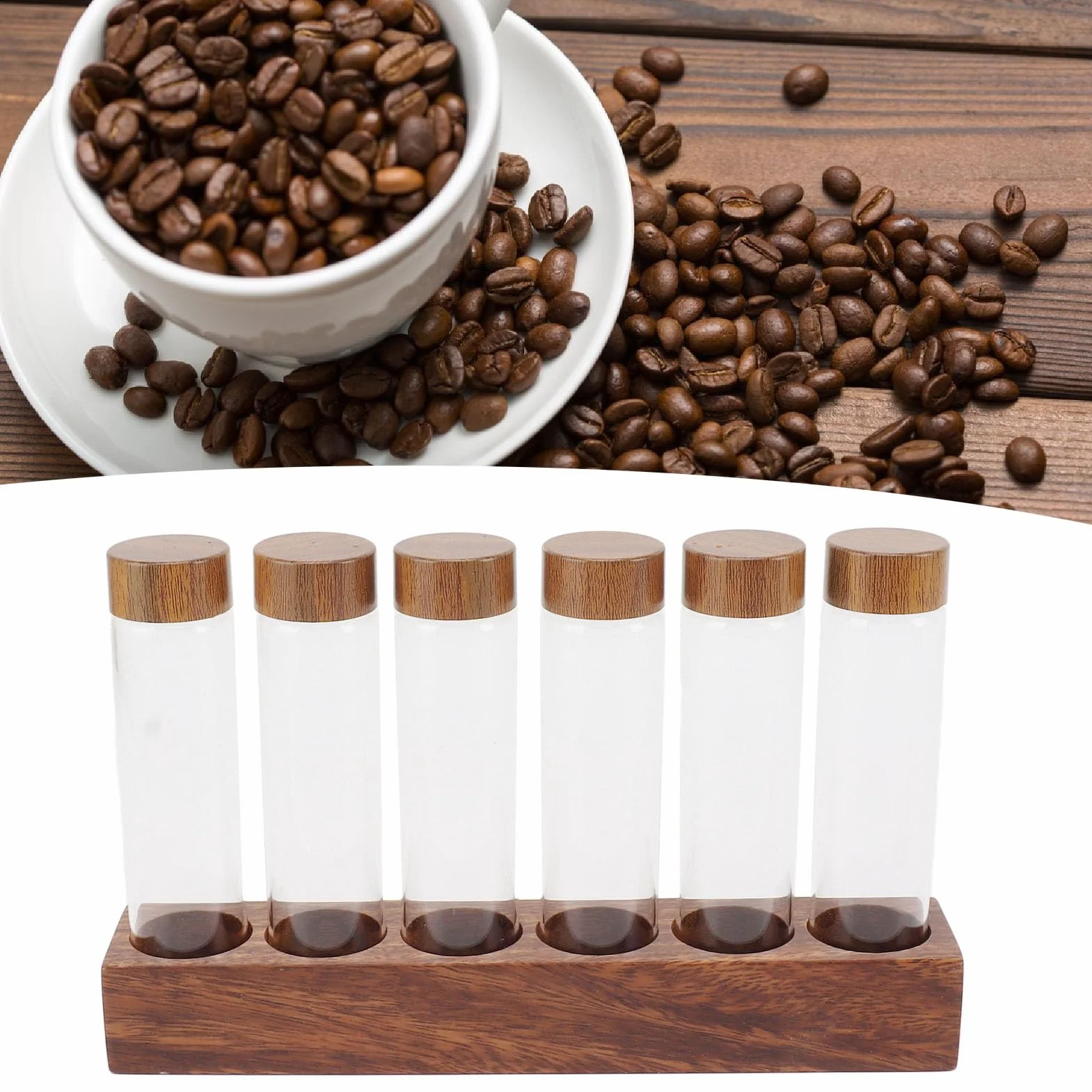 Pojemnik na Kawę Monodose, 7 Rurek, Szklany ze Stojakiem, Zestaw do Przechowywania Ziaren Kawy, Akcesoria do Espresso