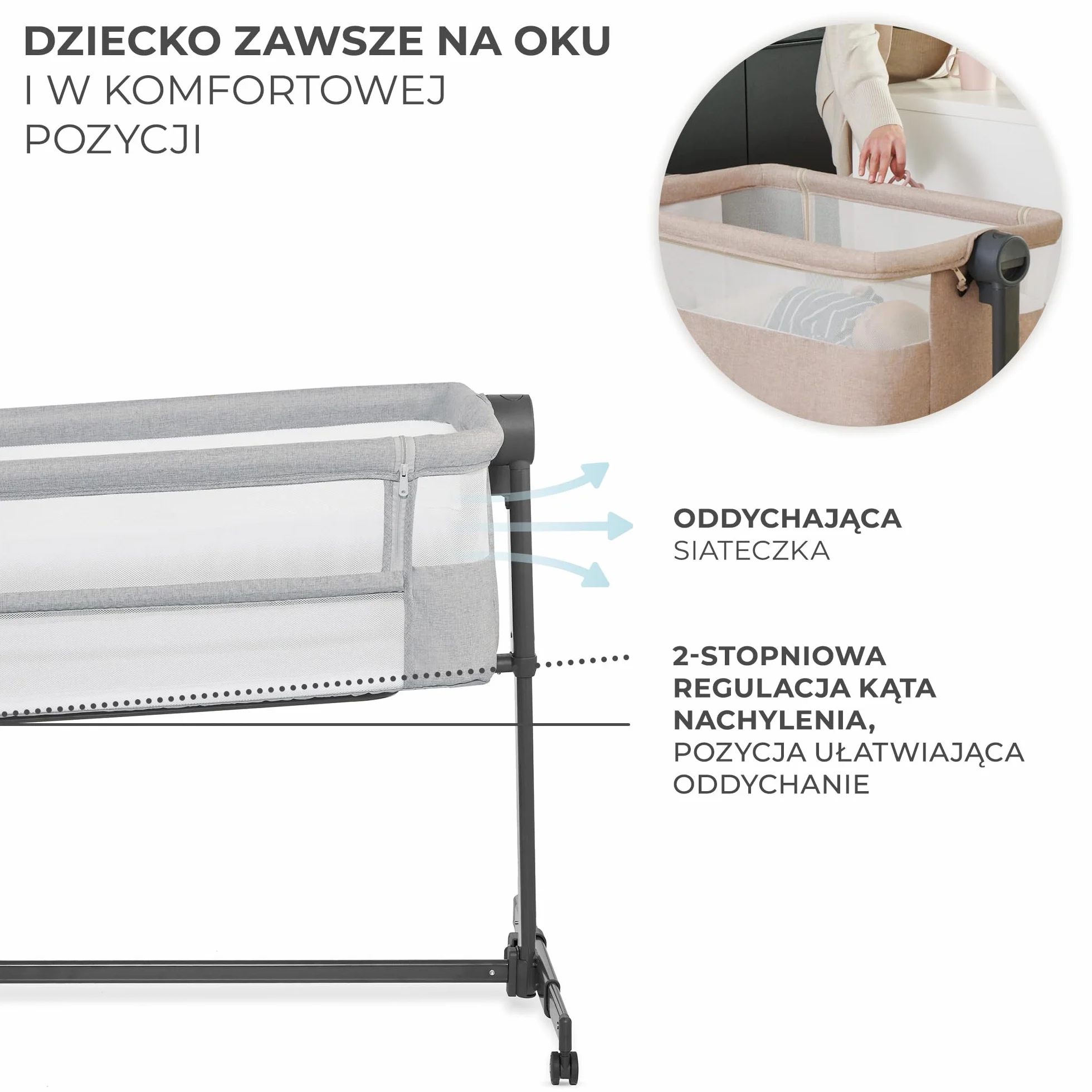 Kinderkraft NESTE UP2 Łóżeczko dostawne, Łóżko turystyczne dziecięce, Regulacja wysokości i kątu nachylenia, Materac i prześcieradło, Solidna konstrukcja, Opuszczana ściana boczna, do 9 kg, Szary