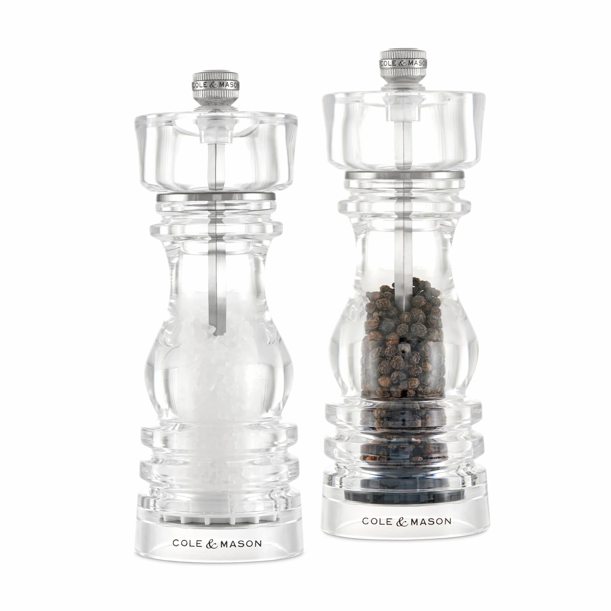 Cole & Mason Zestaw młynka do soli i pieprzu akrylowy Londyn, 180 mm, mechanizmy Precision+ węglowe/ceramiczne, młynek do soli i pieprzu z regulacją mielenia, zestaw upominkowy
