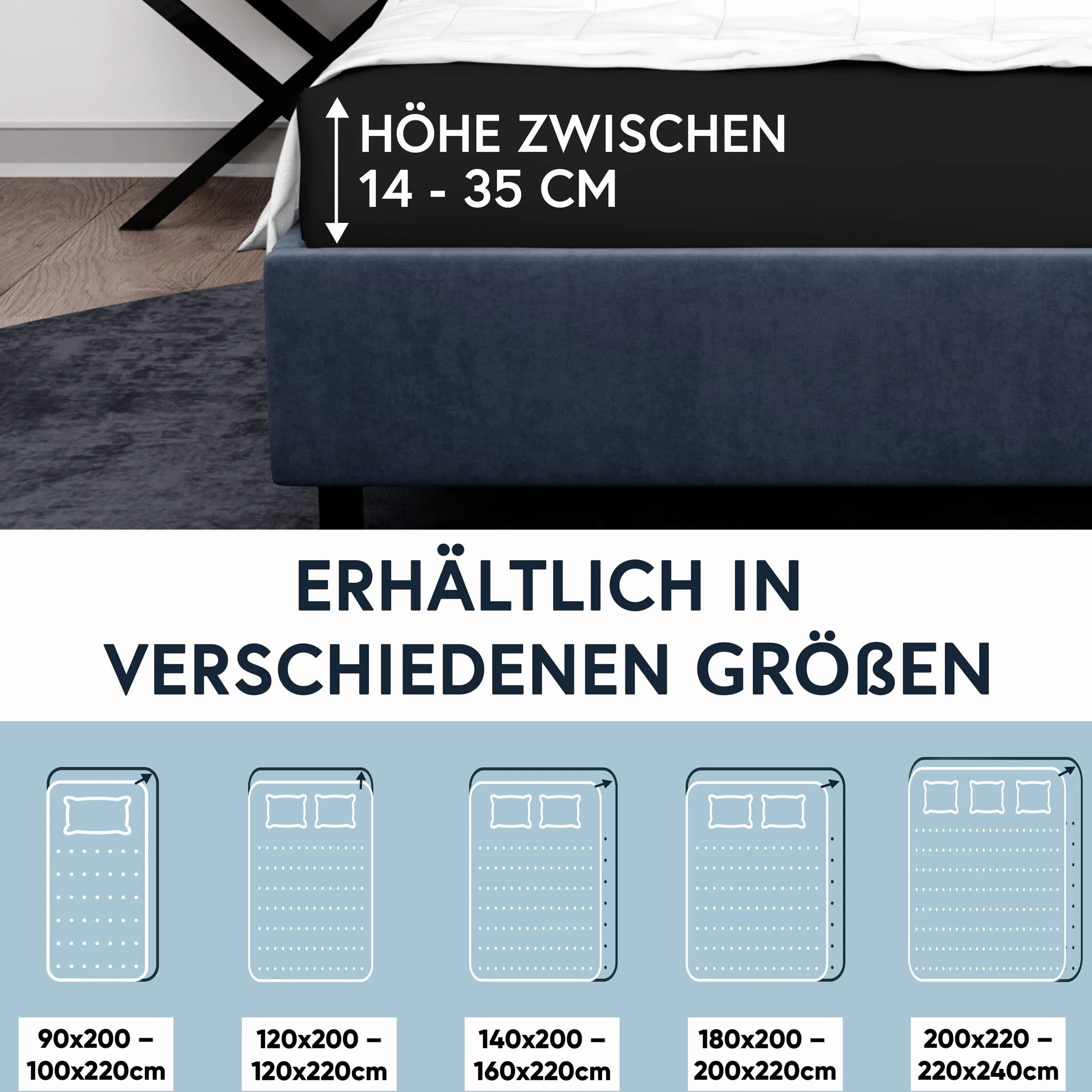 Moon - Luksusowe prześcieradło z gumką Jersey Stretch 230 g/m² do łóżek wodnych, łóżek kontynentalnych i tradycyjnych materacy (czarne, 200 x 220 – 220 x 240)