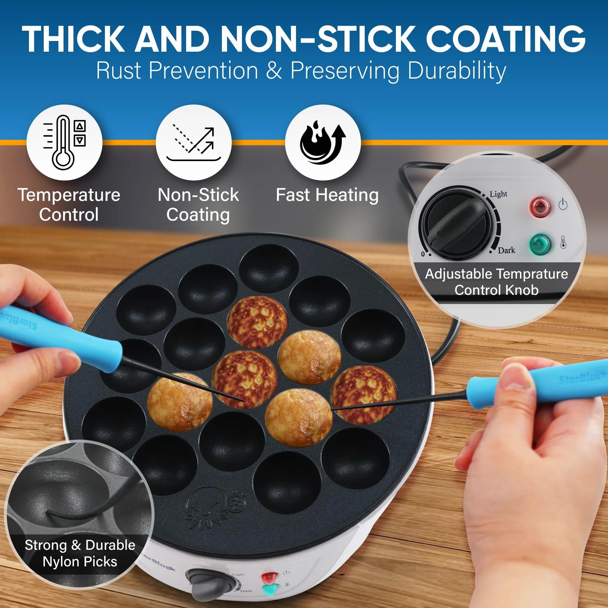 StarBlue Takoyaki Maker Machine z darmowymi kostkami Takoyaki, regulacja temperatury, 18 otworów, elektryczna patelnia do japońskich kulek ośmiornicy, 220 V, 60 Hz, 700 W, wtyczka brytyjska z