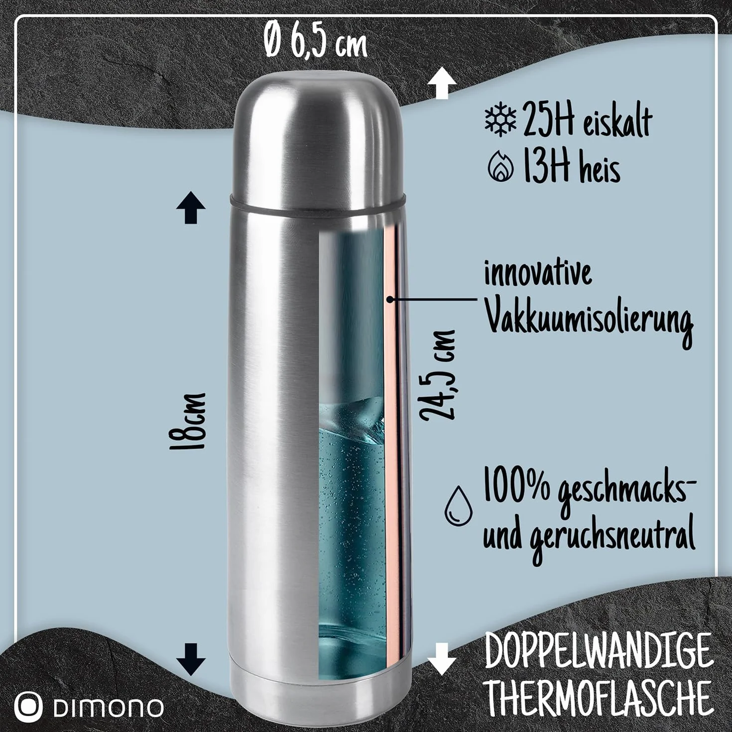 DIMONO® Termos Próżniowy ze Stali Nierdzewnej 500 ml z Kubkiem | Szczelny dzbanek termiczny bez BPA - mycie w zmywarce - zestaw z kubkiem i szczoteczką, 500 ml / 1000 ml