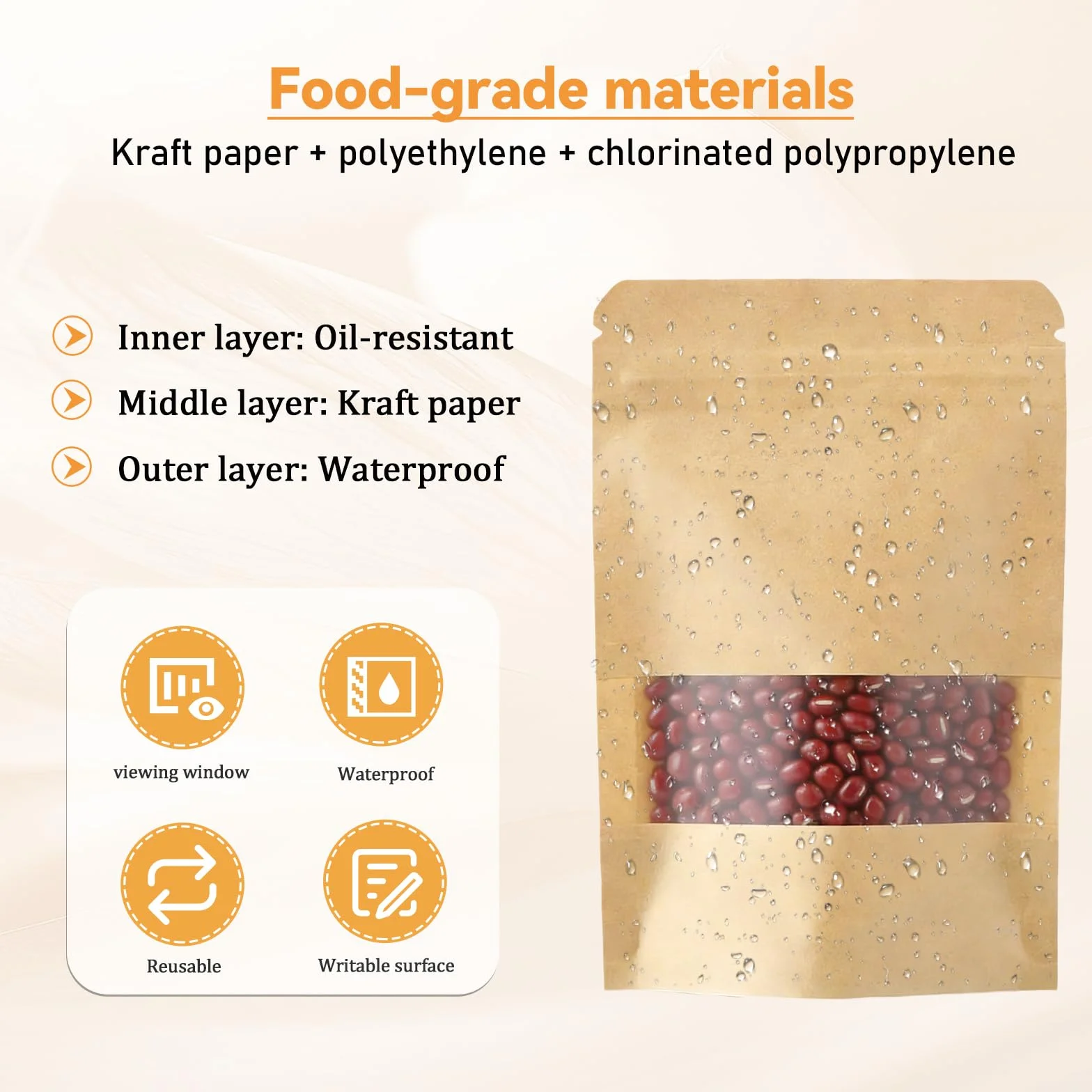 120 sztuk torebek papierowych z okienkiem, 10 x 15 cm, torebki z papieru typu kraft, torebki wielokrotnego użytku, brązowe na słodycze, orzechy, ziarna kawy, przyprawy, liście herbaty