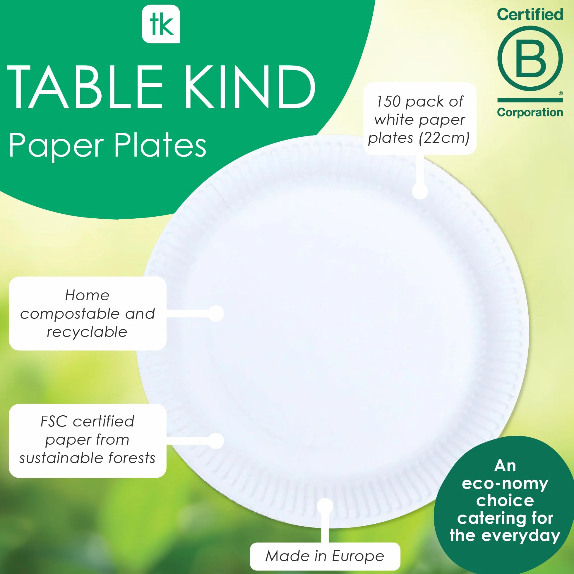 Talking Tables Rodzaj stołu 150 sztuk ekologicznych białych papierowych talerzy do gastronomii i codziennego użytku, nadające się do recyklingu, okrągłe naczynia jednorazowe, artykuły na przyjęcie