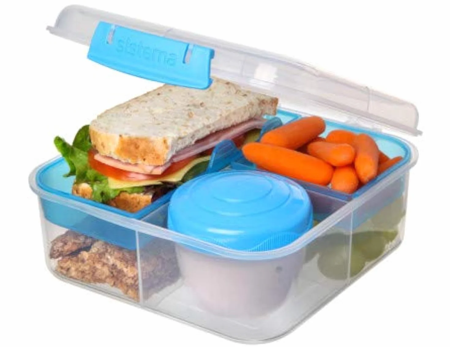 Sistema BENTO Cube XL pojemnik na lunch z 5 komorami - 1250 ml, z kubkiem z zakrętką, wymiary 17,5 x 17,5 x 8 cm (szer. x gł. x wys.), 21685 Niebieski