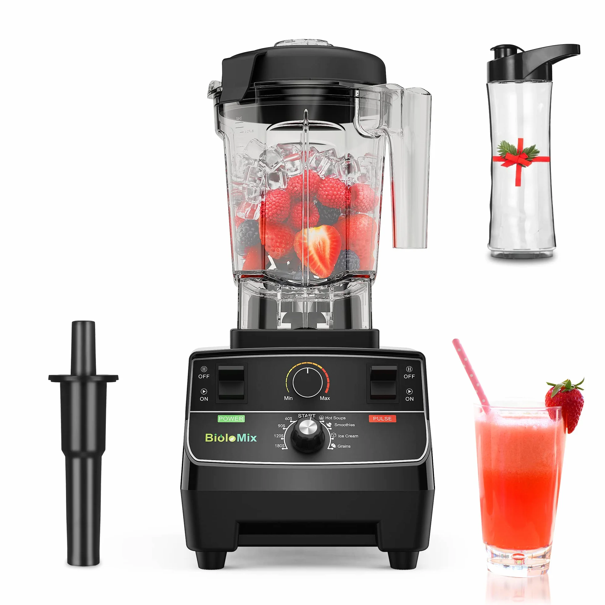 BioloMix Mikser o wysokiej wydajności 2200 W, funkcja samoczyszczenia | mikser stojący pojemnik 2 l i kubek podróżny o pojemności 600 ml, nie zawiera BPA