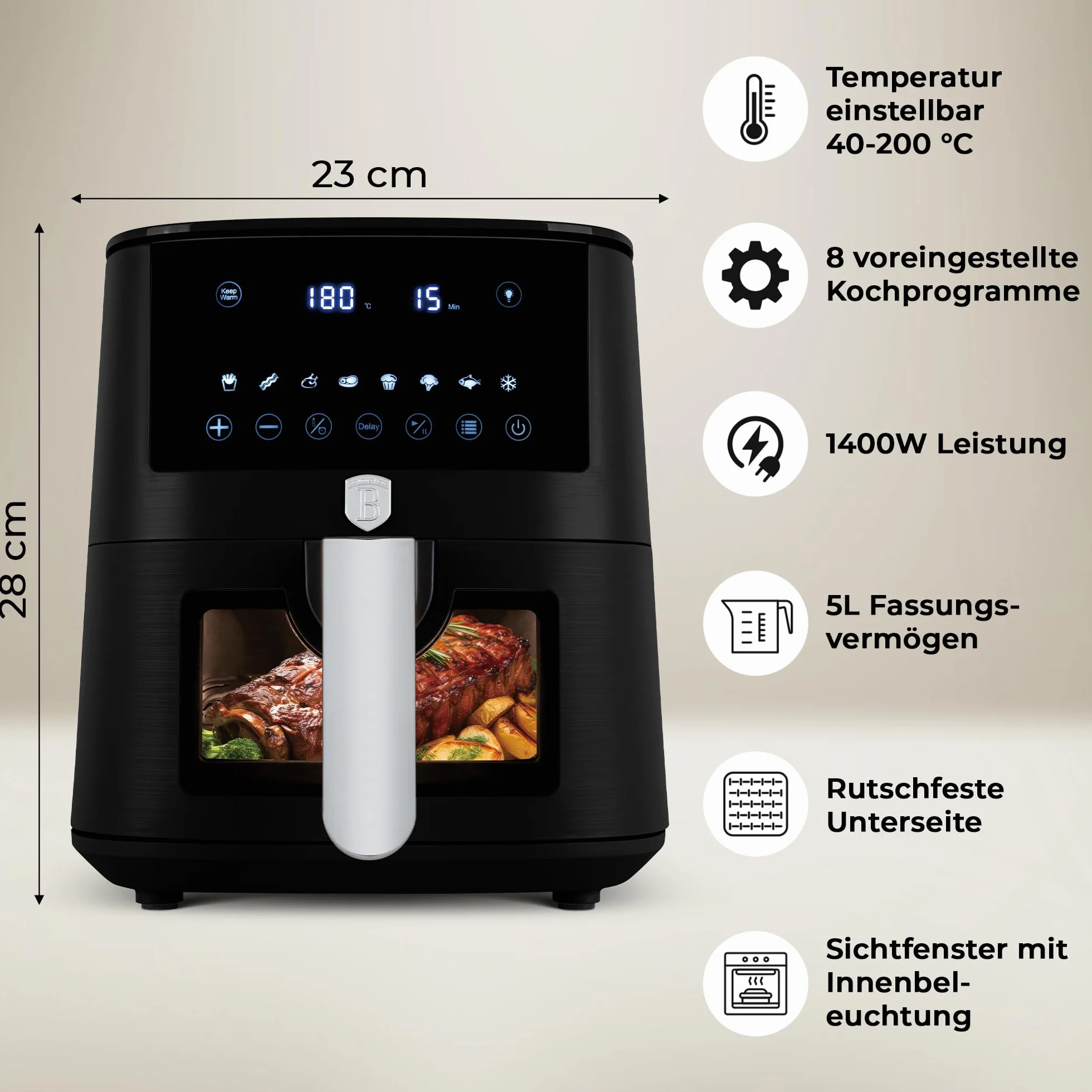 Berlinger Haus Matt Black Collection frytkownica na gorące powietrze, 5 litrów, z okienkiem, 8 programów, gotowanie bez tłuszczu, nieprzywierający kosz TitanPro, 1400 W, urządzenie kuchenne
