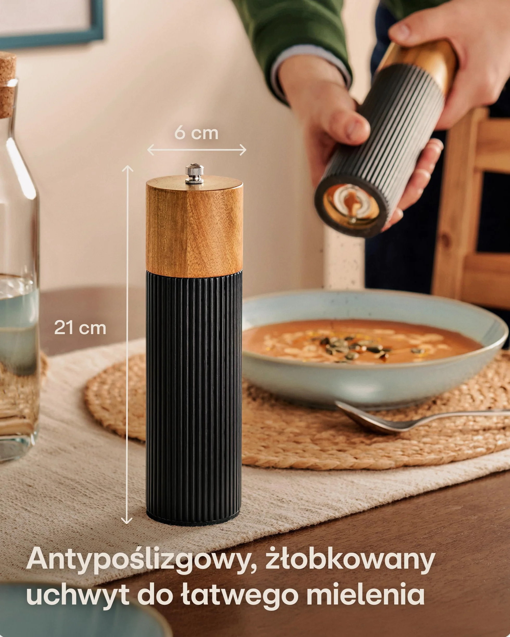 Praknu Zestaw Młynków Do Soli I Pieprzu Z Drewna Akacjowego FSC® – Elegancki Design Z Ceramicznym Mechanizmem – Płynna Regulacja I Trwałość – Czarny – Duży