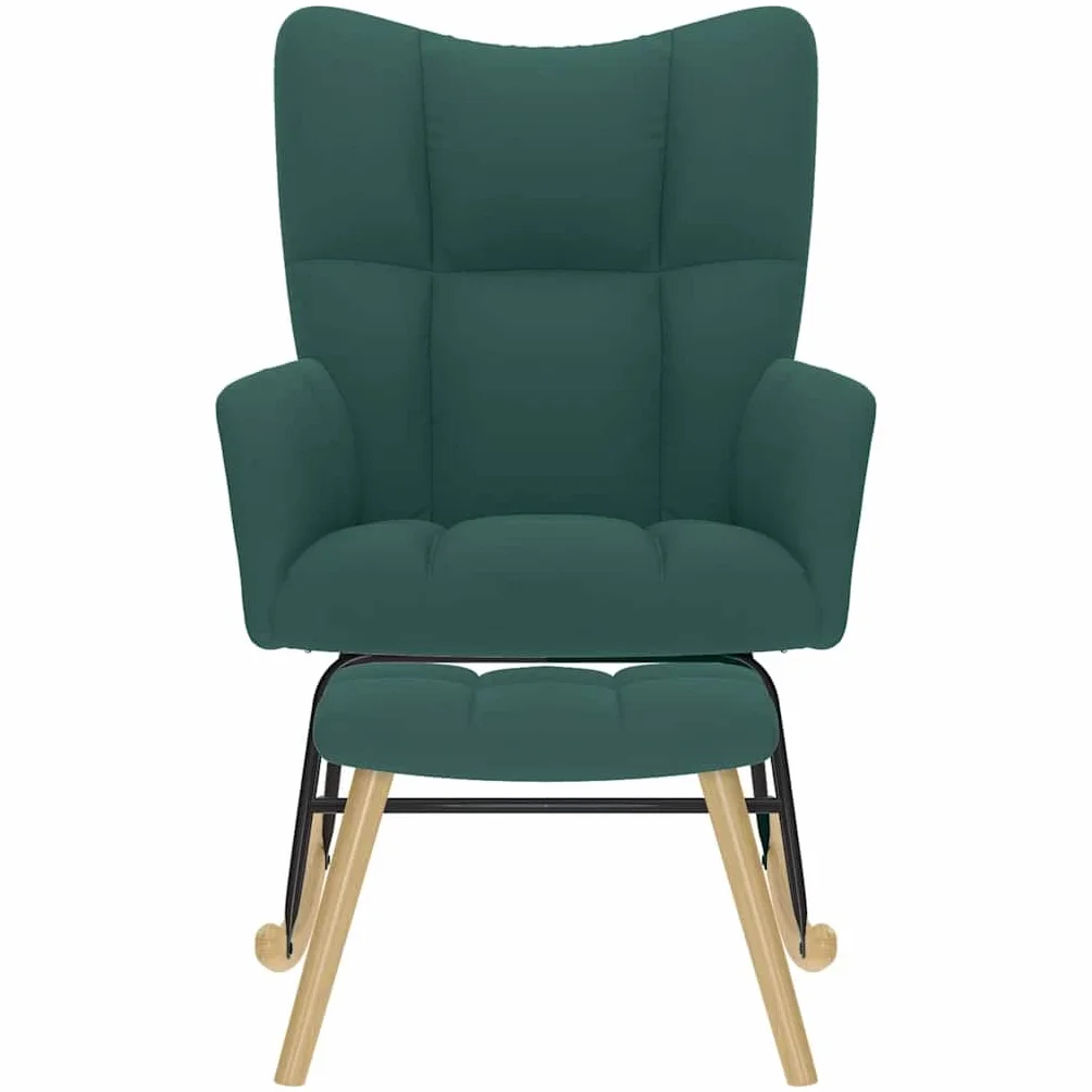 Fotel bujany z podnóżkiem, ciemnozielony materiał, tapicerowany podłokietnikiem i oparciem, ergonomiczny, drewniana rama, do salonu, na balkon, do pokoju dziecięcego, relaksu, czytania