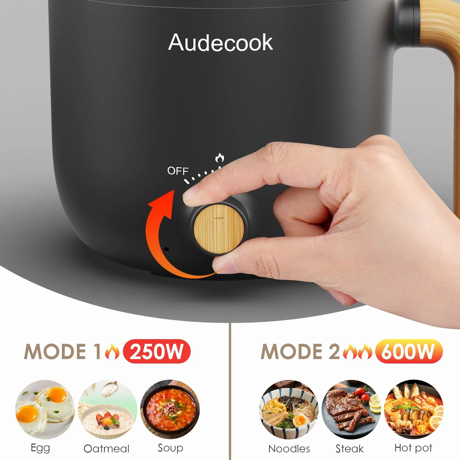 Audecook Elektryczna patelnia Hot Pot, 1,5 l, przenośna, nieprzywierająca, szybka, patelnia podróżna z podwójnym sterowaniem mocy, do steków/makaronów/zupy/jajka/owsa