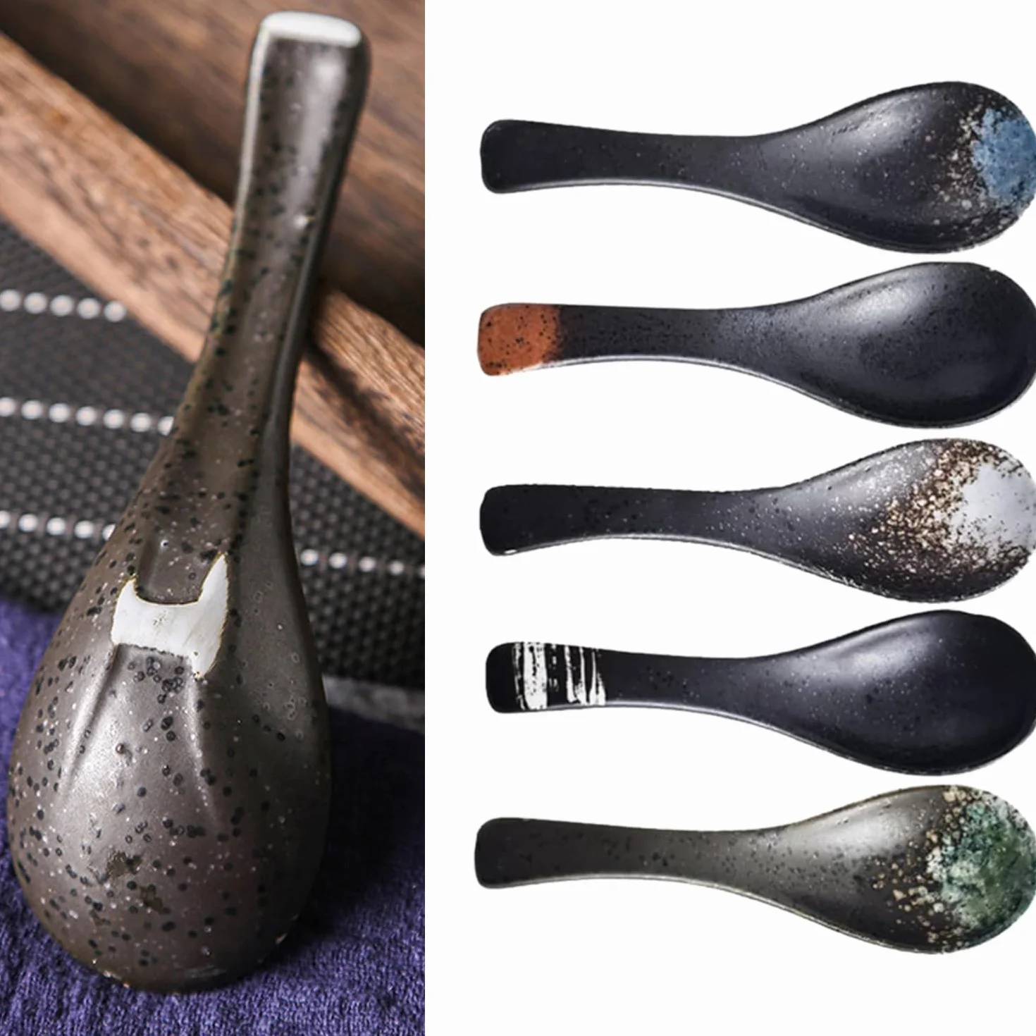 5 sztuk ceramicznych łyżek, retro chińskie łyżki do zupy ramen japońskie łyżki do zupy, azjatycki ramen makaron sztućce, sztućce do gospodarstwa domowego, łyżka do zupy (czarne)