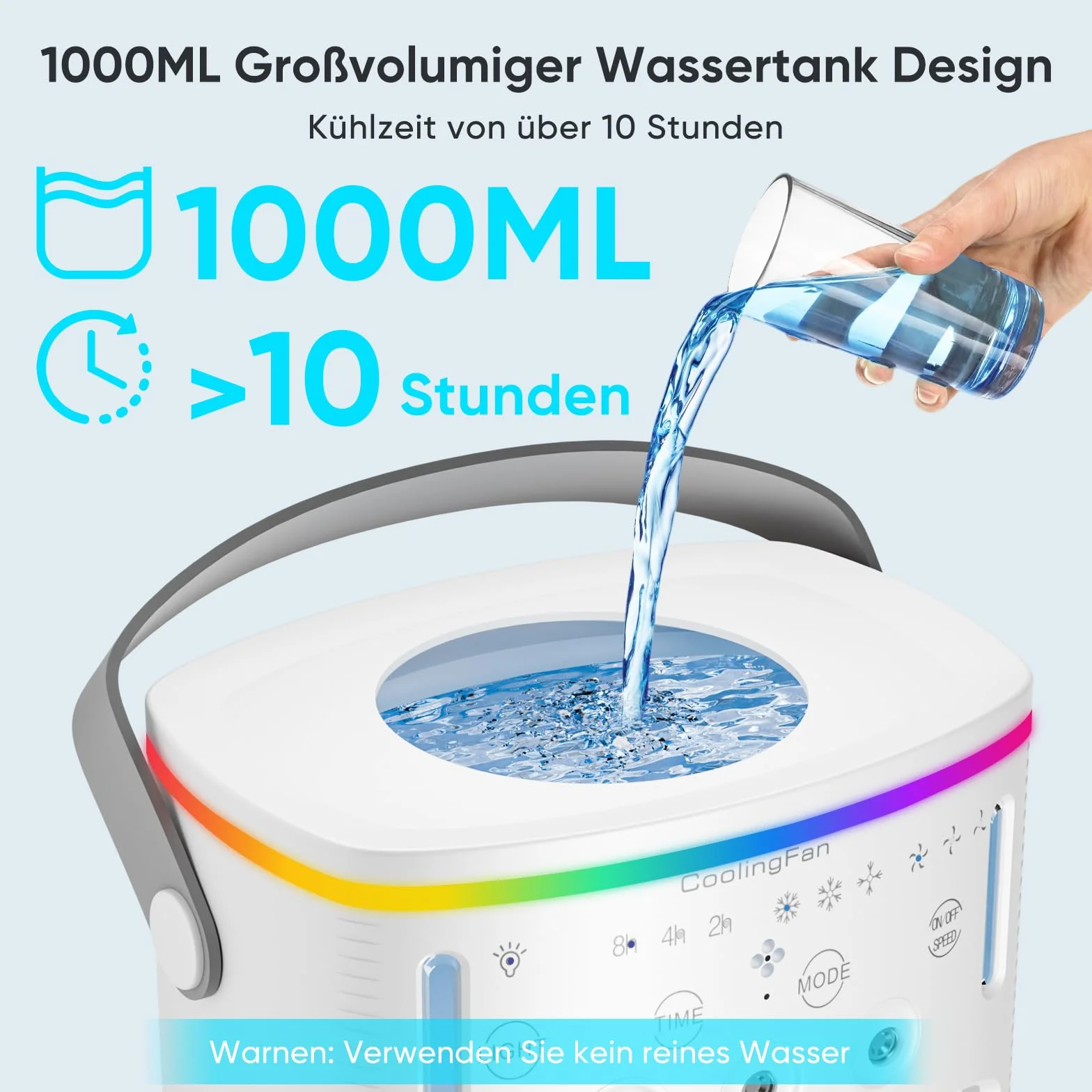 Mobilny mini klimatyzator do pokoju, 4 w 1, chłodzenie wodą 1000 ml, klimatyzator bez węża wylotowego, przenośna klimatyzacja z 3 trybami i kolorowym światłem, chłodziarka do pomieszczeń, biura