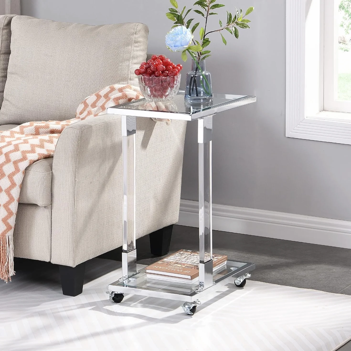 Wąski stolik konsolowy do salonu, stolik na sofę z miejscem do przechowywania, akrylowy stolik na sofę z blatem ze szkła hartowanego, do wejścia i przedpokoju, stylowy i trwały design