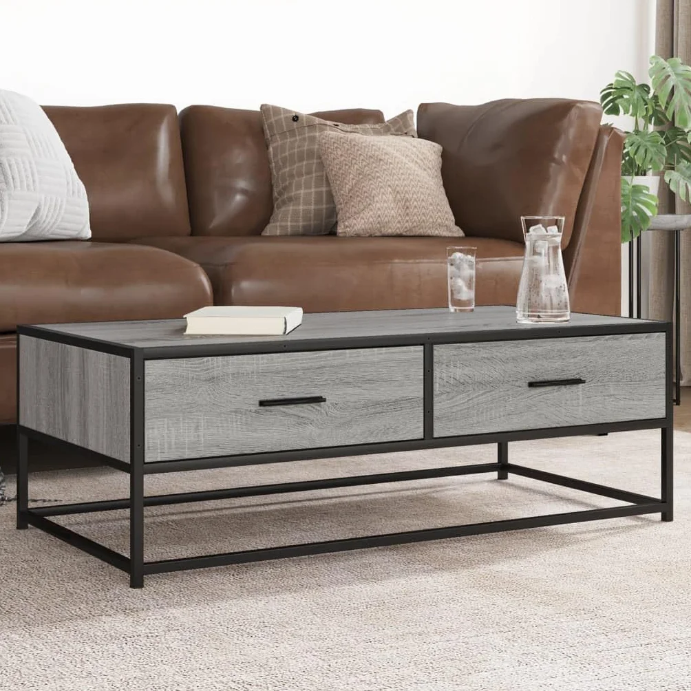 Hothingwell Stolik kawowy Sonoma szary 100x50x35 cm drewno inżynieryjne metal | Stabilna metalowa rama, odporna na korozję, wytrzymała góra, duży schowek na czasopisma i piloty zdalnego sterowania
