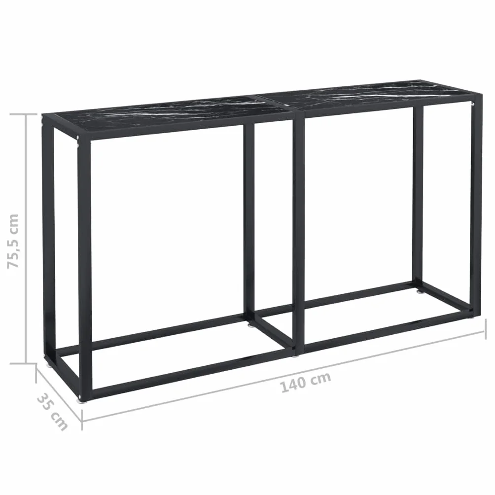 Stolik konsolowy o wyglądzie czarnego marmuru z płytą ze szkła hartowanego 140 x 35 x 75,5 cm, malowana proszkowo rama stalowa, zajmuje mało miejsca, stolik pomocniczy do salonu, sypialni