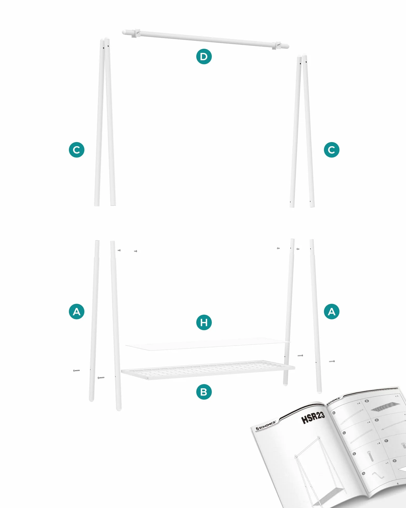 SONGMICS Wieszak na ubrania, wieszak na ubrania, wieszak na ubrania ze stalową ramą, z drążkiem wiszącym i półką, 33,5 x 92,5 x 153 cm, do sypialni, garderoby, pralni, biały HSR023W01
