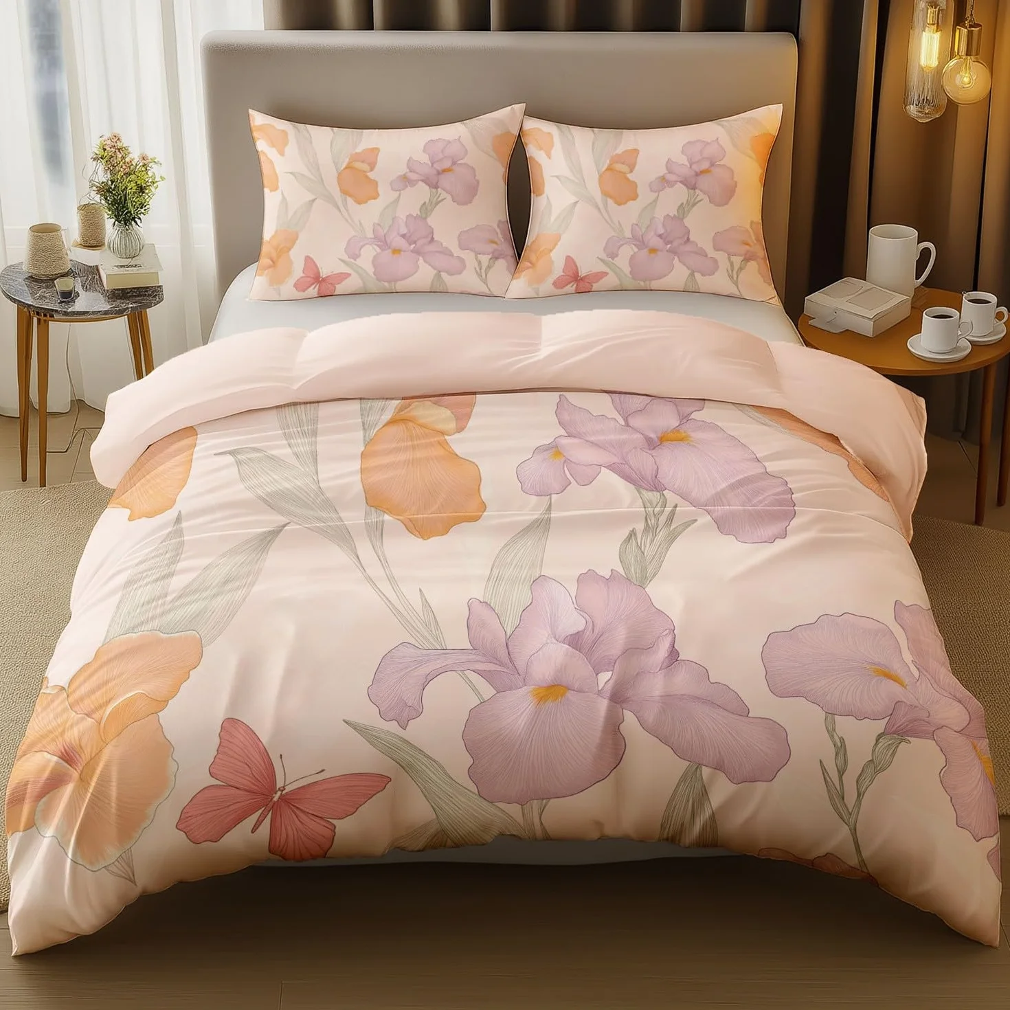 Zestaw poszewek na kołdrę różowa iris motyl pościel 230 x 220 cm zestaw pościeli z nadrukiem z parą poszewek na poduszki, miękka poszewka na kołdrę z mikrofibry z zamkiem błyskawicznym z zamkiem