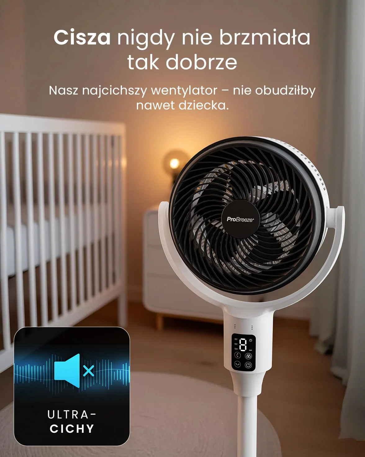 Wentylator kolumnowy Pro Breeze 109 cm – 29 dB Supercichy – Wyświetlacz LED, Pilot, 2 Tryby Chłodzenia, Ruch Pionowy i Poziomy – Energooszczędny – Dom i Biuro