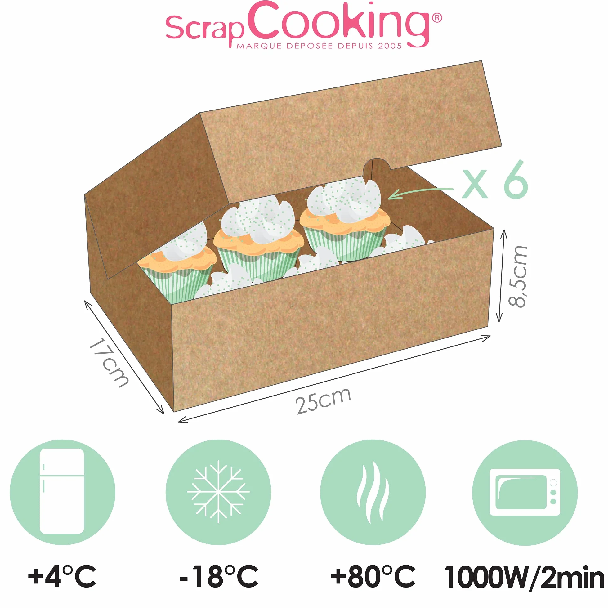 SCRAP COOKING - Zestaw 2 pudełek na babeczki - Karton Kraft Recykling Food - 17 x 25 x 8,5 cm - do transportu 6 babeczek babeczek, ciast deserowych - Wyprodukowano we Francji - 5502