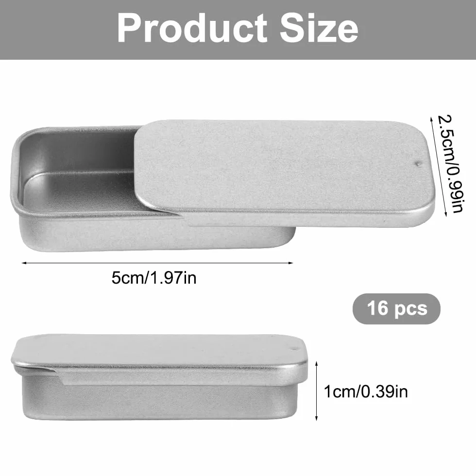 16 sztuk małych pojemników metalowych, 5 × 2,5 × 1 cm, prostokątne metalowe pojemniki na puszki, małe metalowe pojemniki z przesuwaną pokrywką, mini metalowe pudełka na słodycze, biżuterię