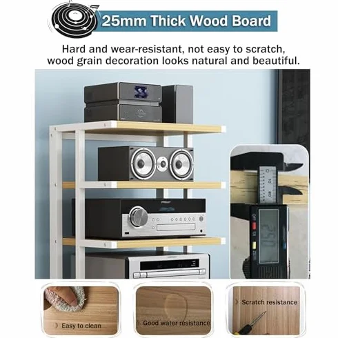 6-poziomowy mini stojak HiFi z kółkami, kompaktowy stojak na komponenty audio, gramofony, winylowe, odtwarzacze DVD i przechowywanie multimediów, solidna konstrukcja z drewna i stali do gier i sprzętu