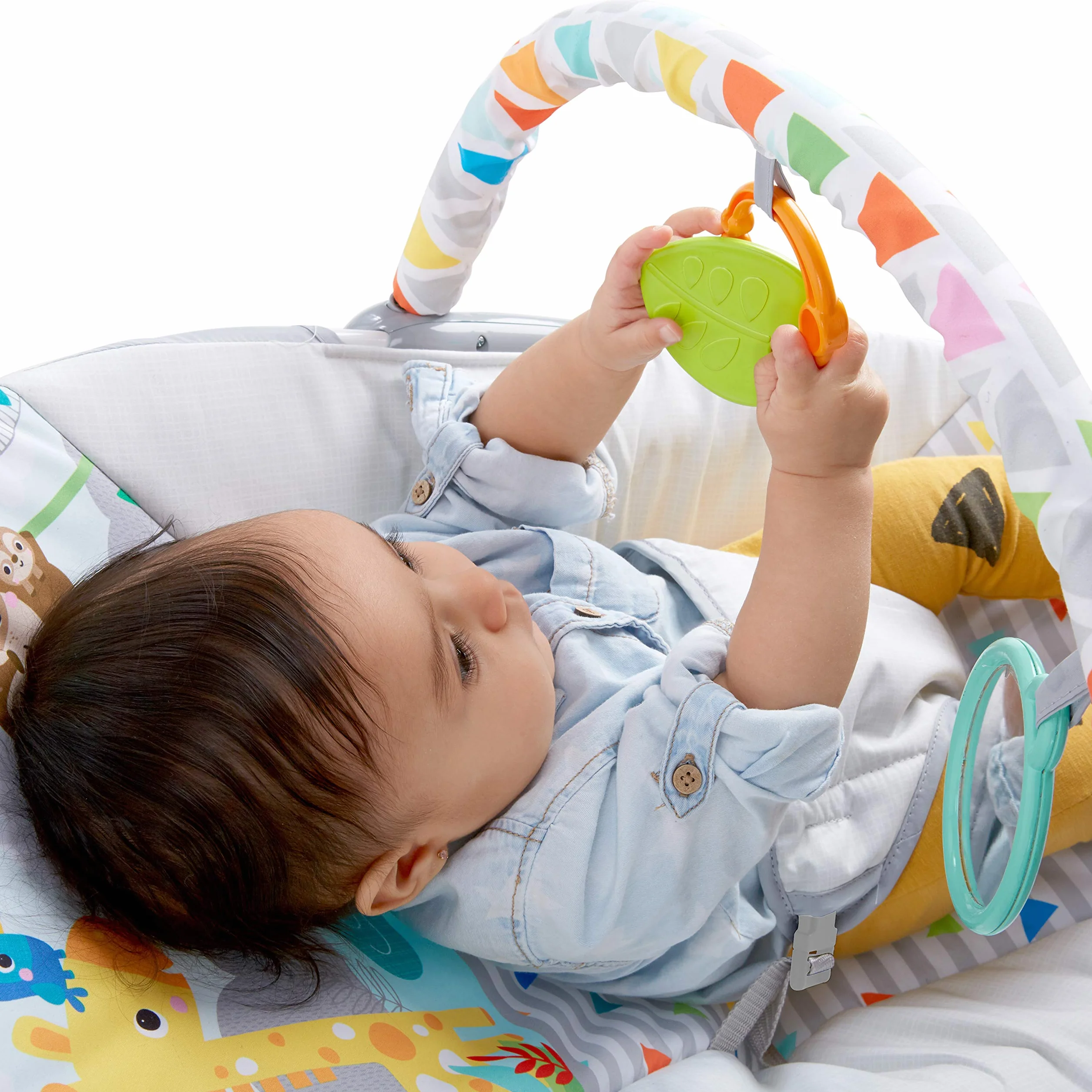 Bright Starts, Łopatka dla niemowląt, Safari Fun z uspokajającymi wibracjami, poduszka do siedzenia, nadająca się do prania w pralce, antypoślizgowe nóżki i 2 zabawki